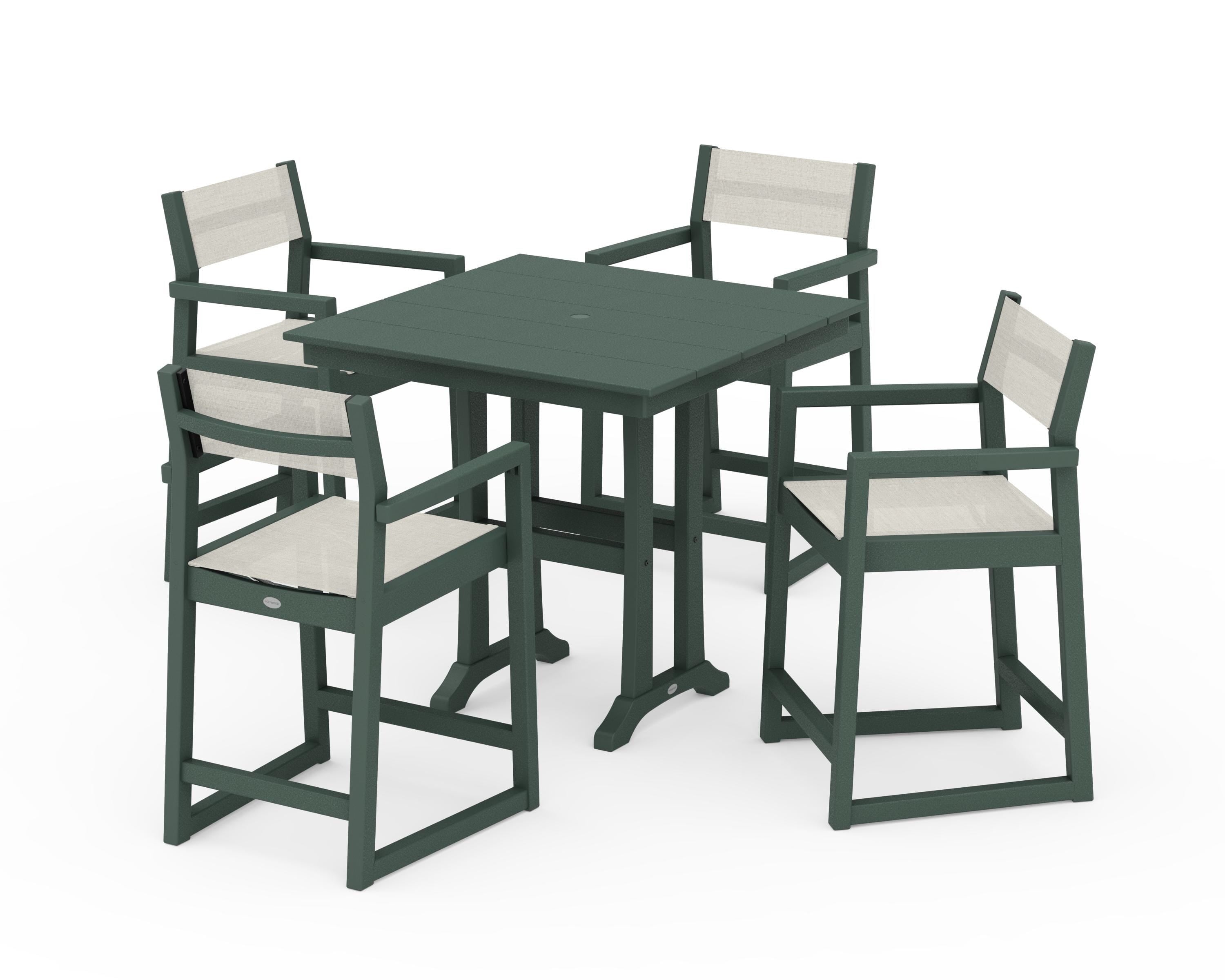 POLYWOOD EDGE Sling Arm Chair 5-Piece Farmhouse Counter Set with Trestle Legs in Green / Parchment Sling