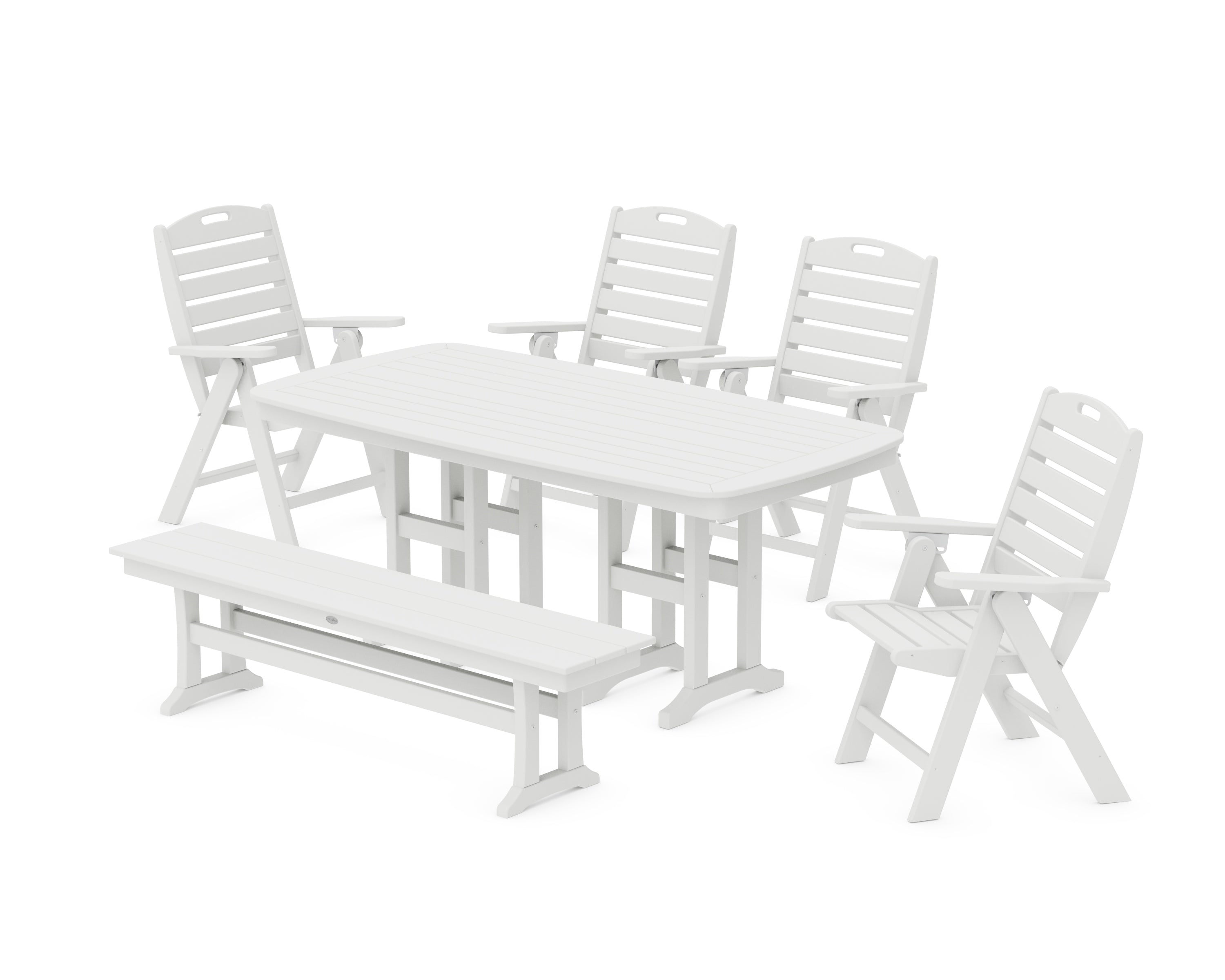 POLYWOOD Nautical Highback 6-Piece Dining Set with Bench in White