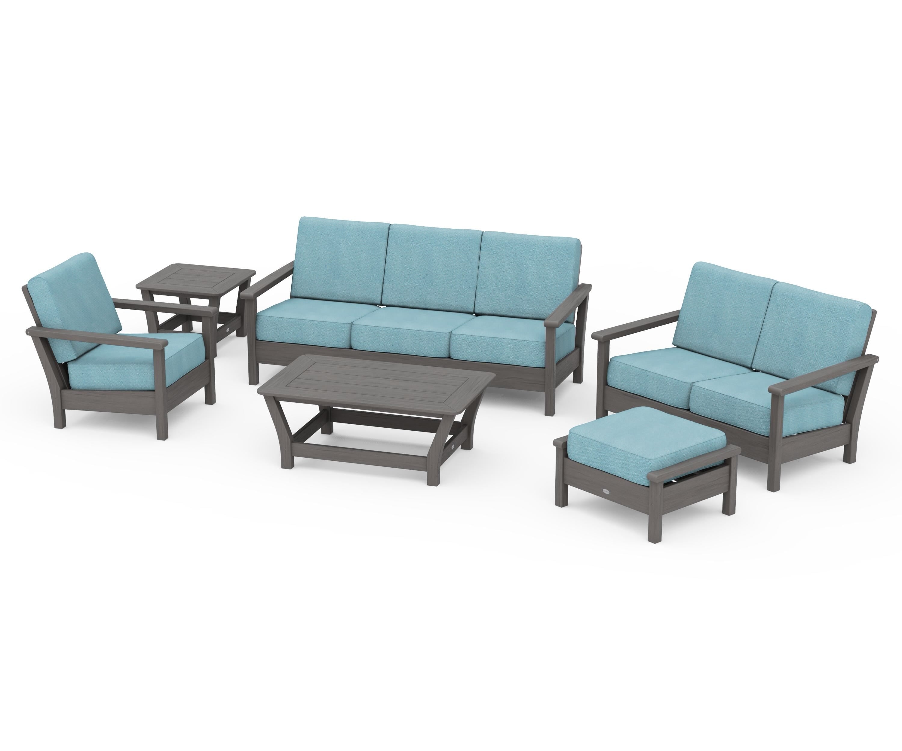 POLYWOOD Harbour 6-Piece Outdoor Living Set in Driftwood / Lattice Sky Blue