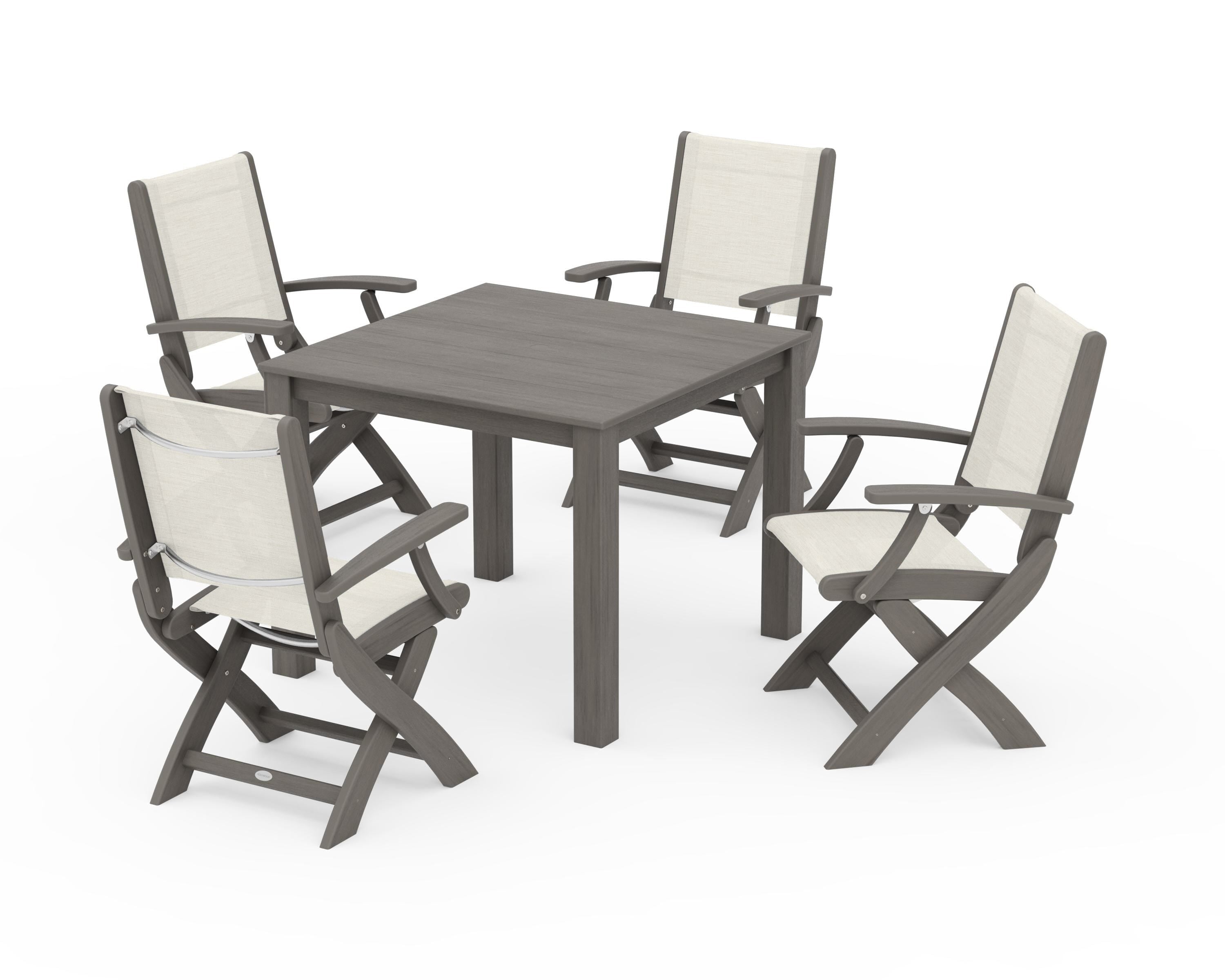 POLYWOOD Coastal Folding Chair 5-Piece Parsons Dining Set in Driftwood / Parchment Sling