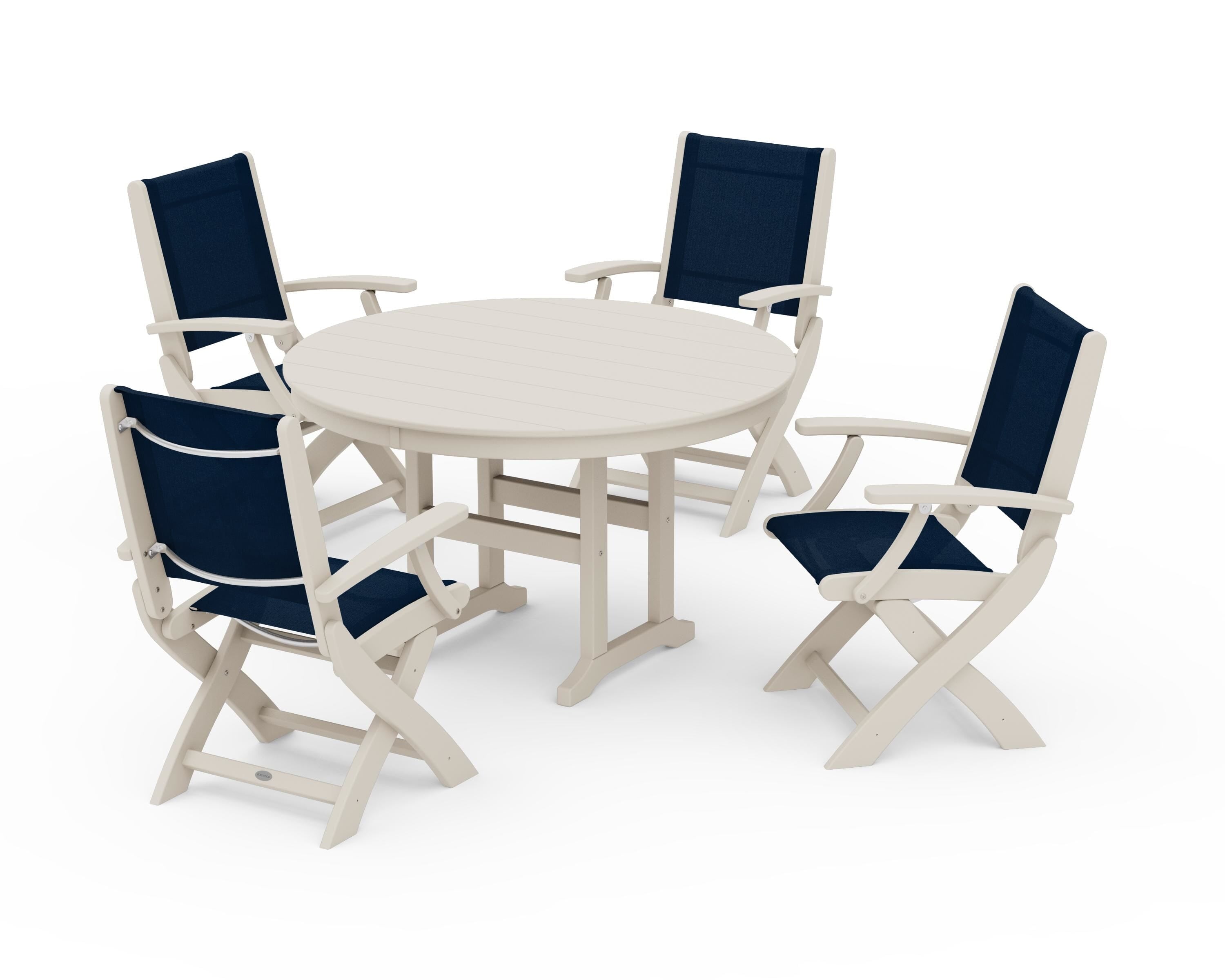 POLYWOOD Coastal Folding Chair 5-Piece Round Dining Set in Sand / Navy Blue Sling