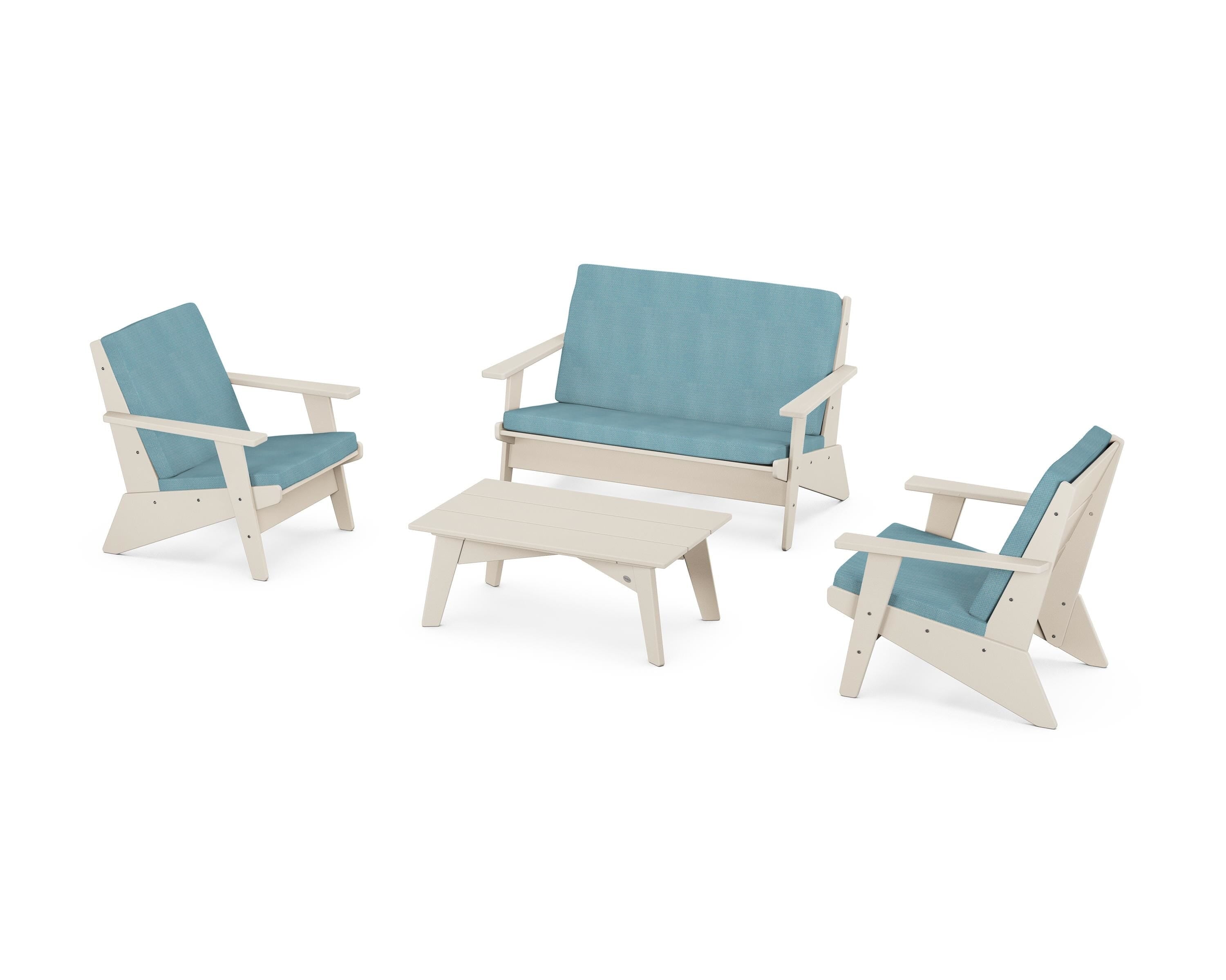 POLYWOOD Riviera Modern Lounge 4-Piece Set in Sand / Lattice Sky Blue