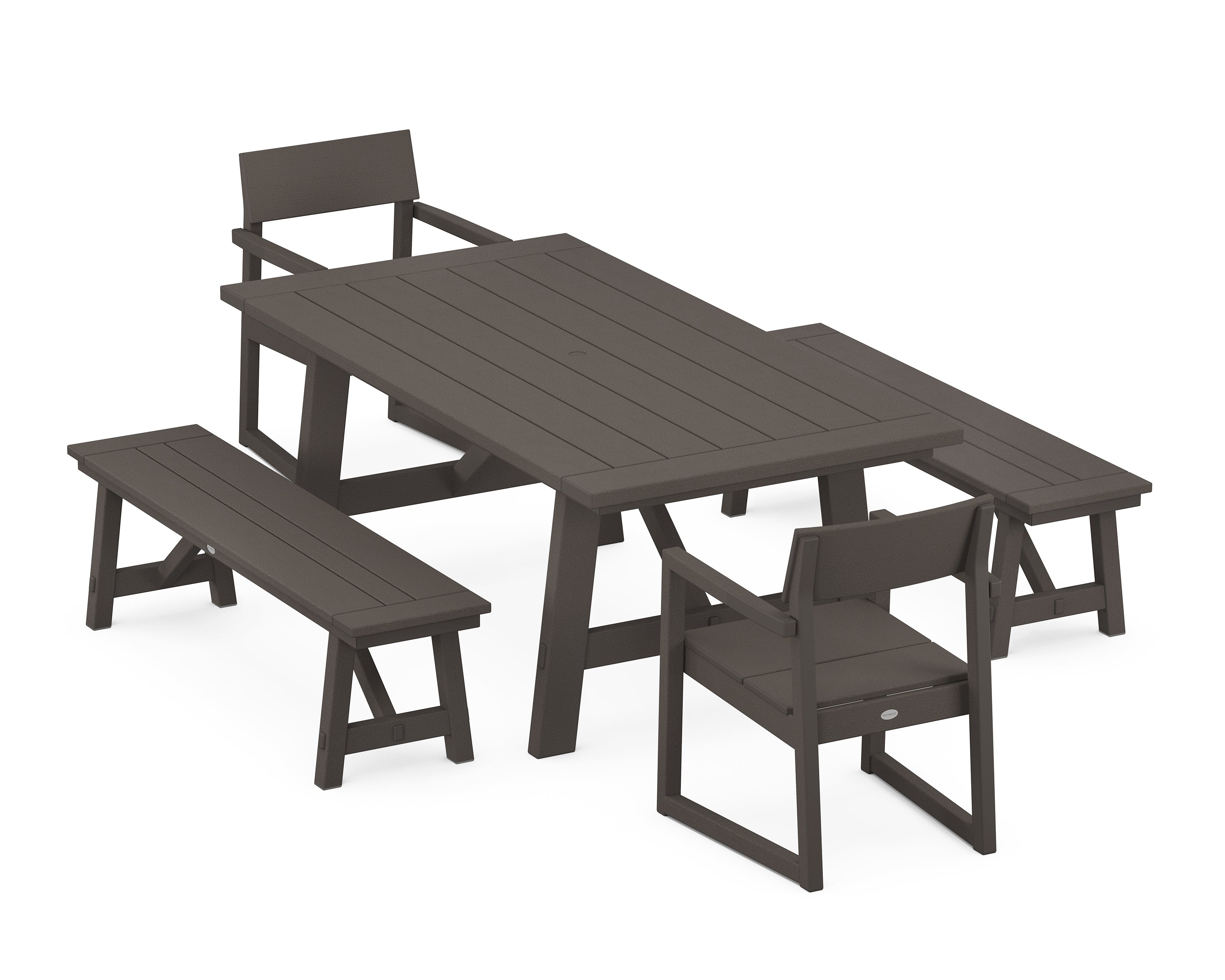 POLYWOOD® EDGE 5-Piece Rustic Farmhouse Dining Set With Benches in Vintage Coffee