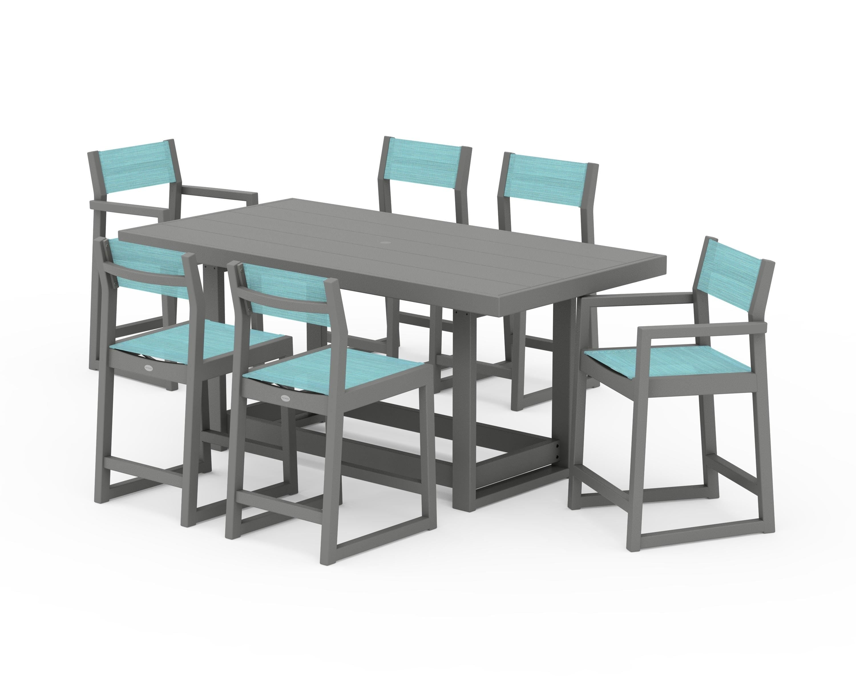 POLYWOOD EDGE Sling 7-Piece Counter Table Set in Slate Grey / Dupioni Aquamarine Sling