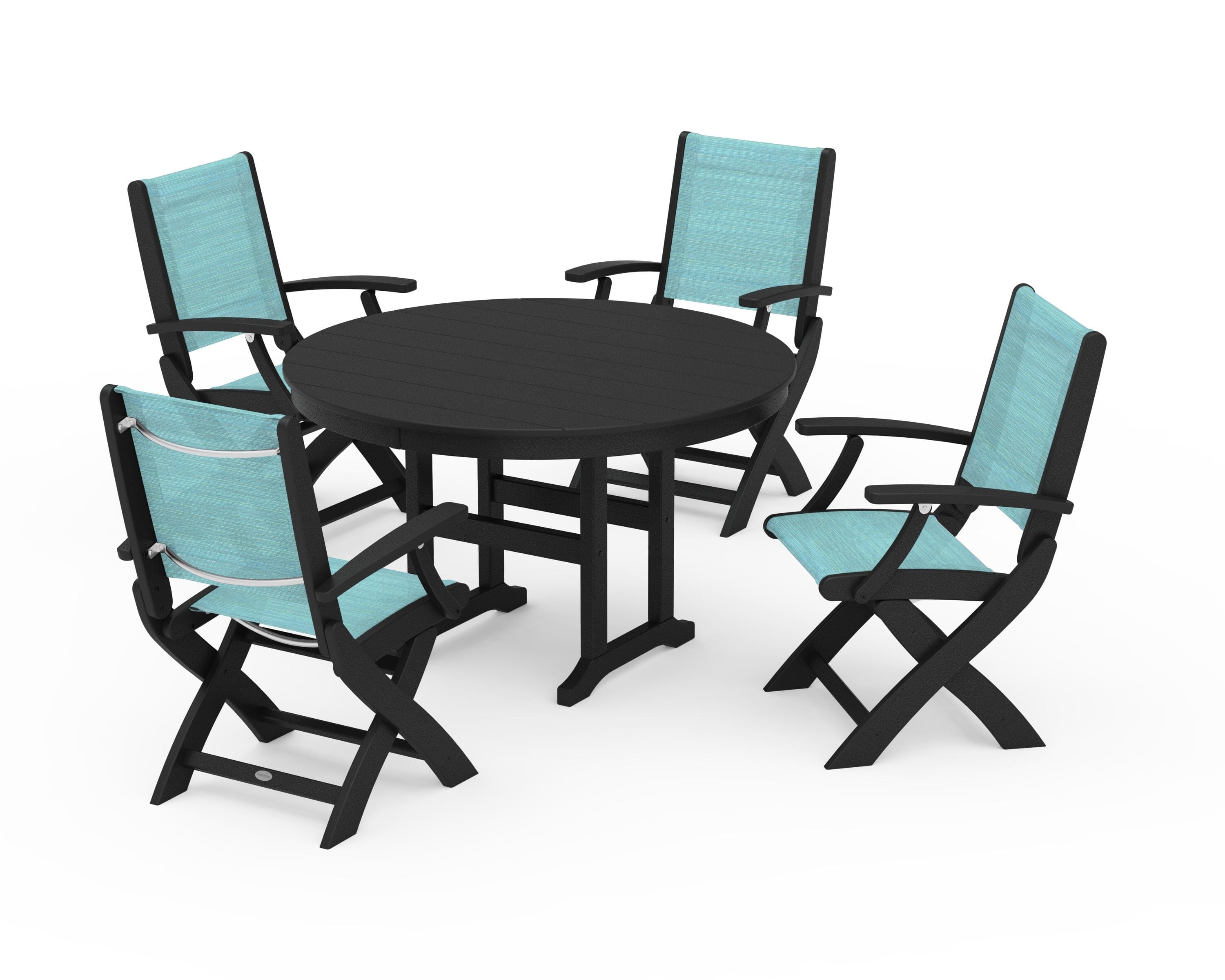 POLYWOOD Coastal Folding Chair 5-Piece Round Dining Set in Black / Dupioni Aquamarine Sling