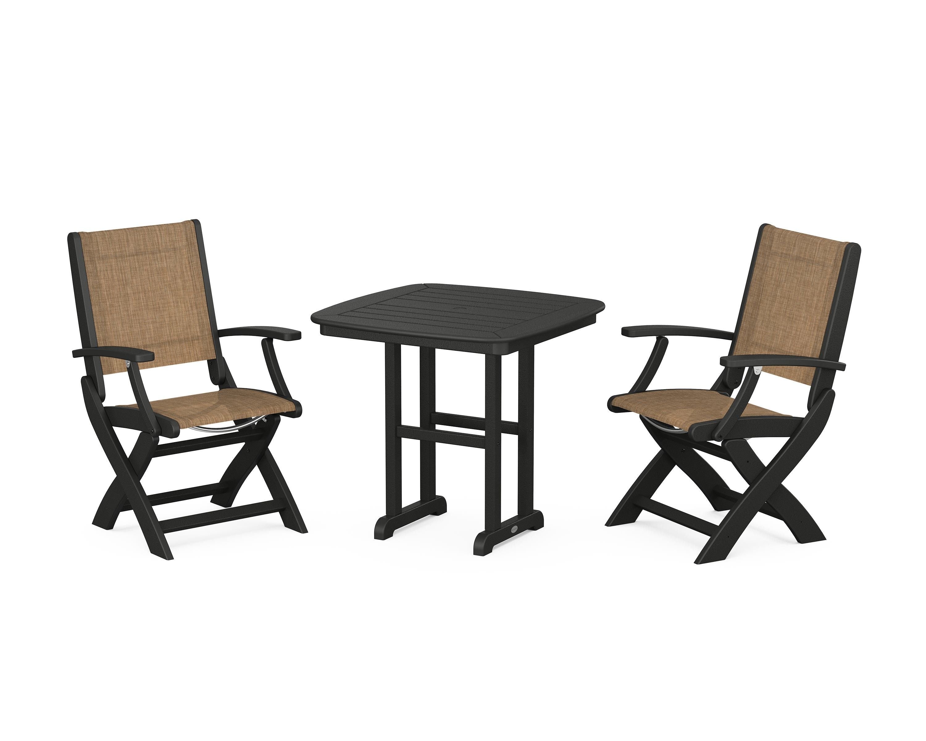 POLYWOOD Coastal Folding Chair 3-Piece Dining Set in Black / Burlap Sling
