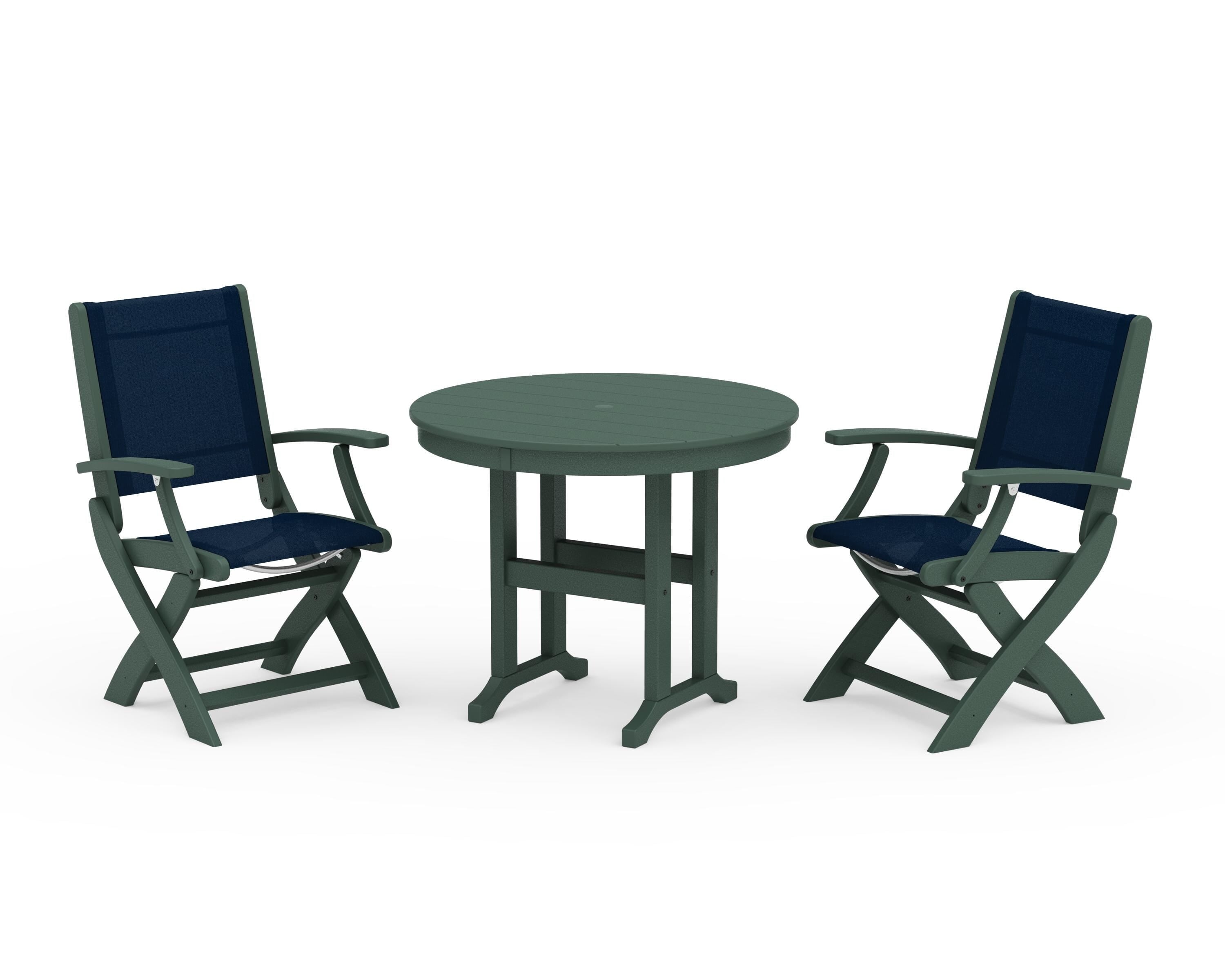 POLYWOOD Coastal Folding Chair 3-Piece Round Dining Set in Green / Navy Blue Sling