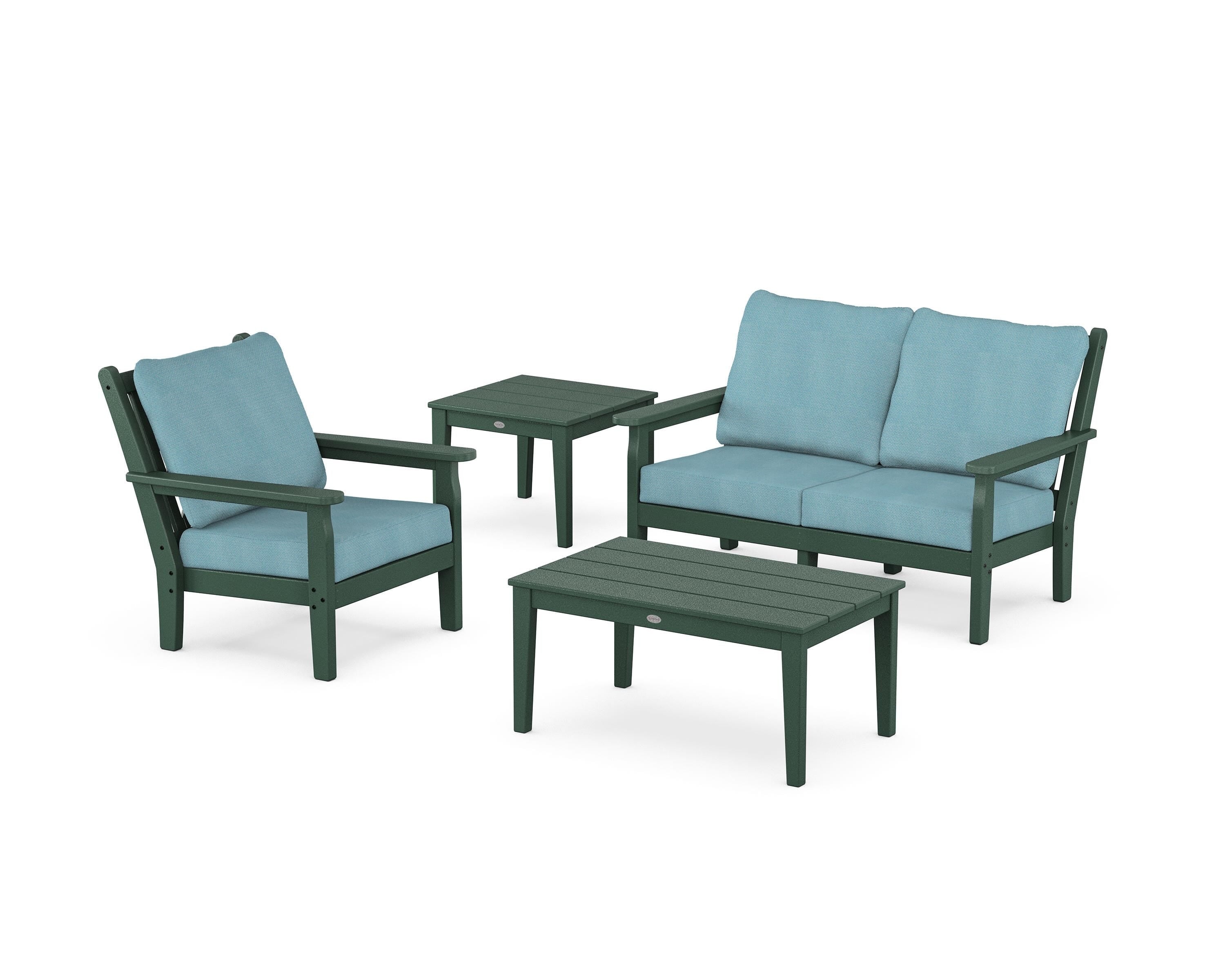 POLYWOOD Chippendale 4-Piece Deep Seating Set in Green / Lattice Sky Blue
