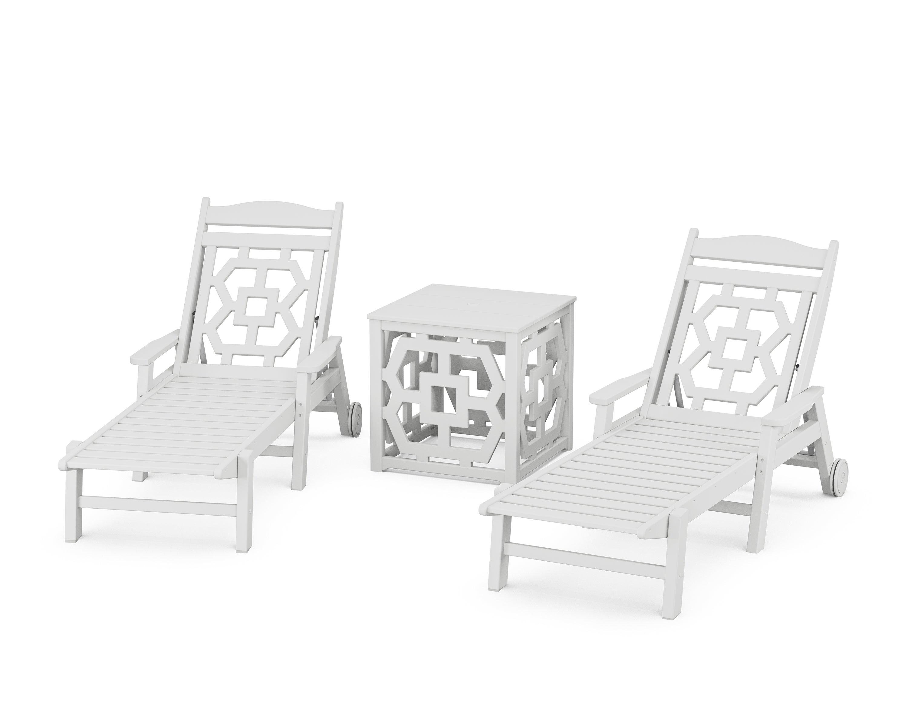 Martha Stewart by POLYWOOD Chinoiserie 3-Piece Chaise Set with Umbrella Stand Accent Table in White