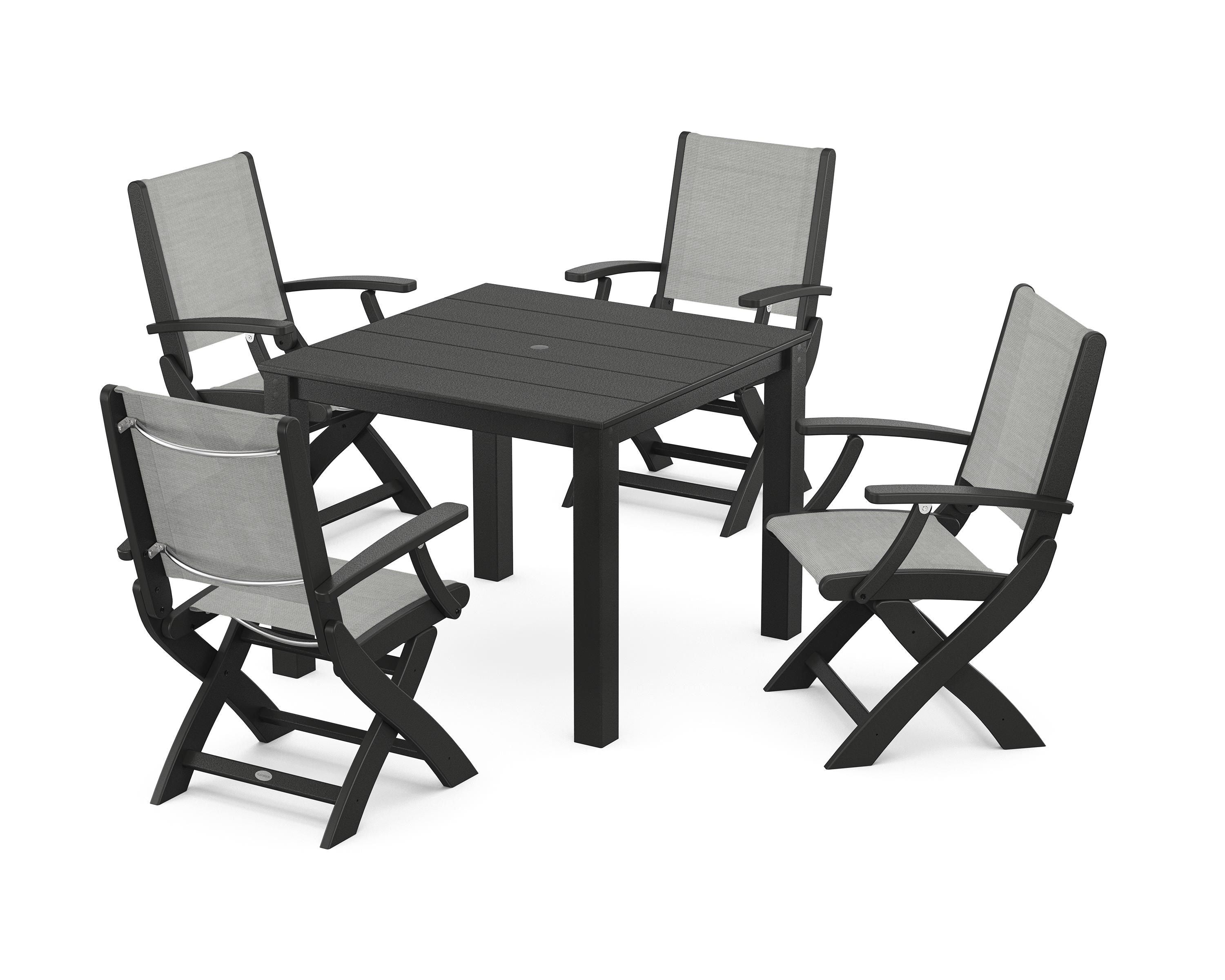 POLYWOOD Coastal Folding Chair 5-Piece Parsons Dining Set in Black / Metallic Sling