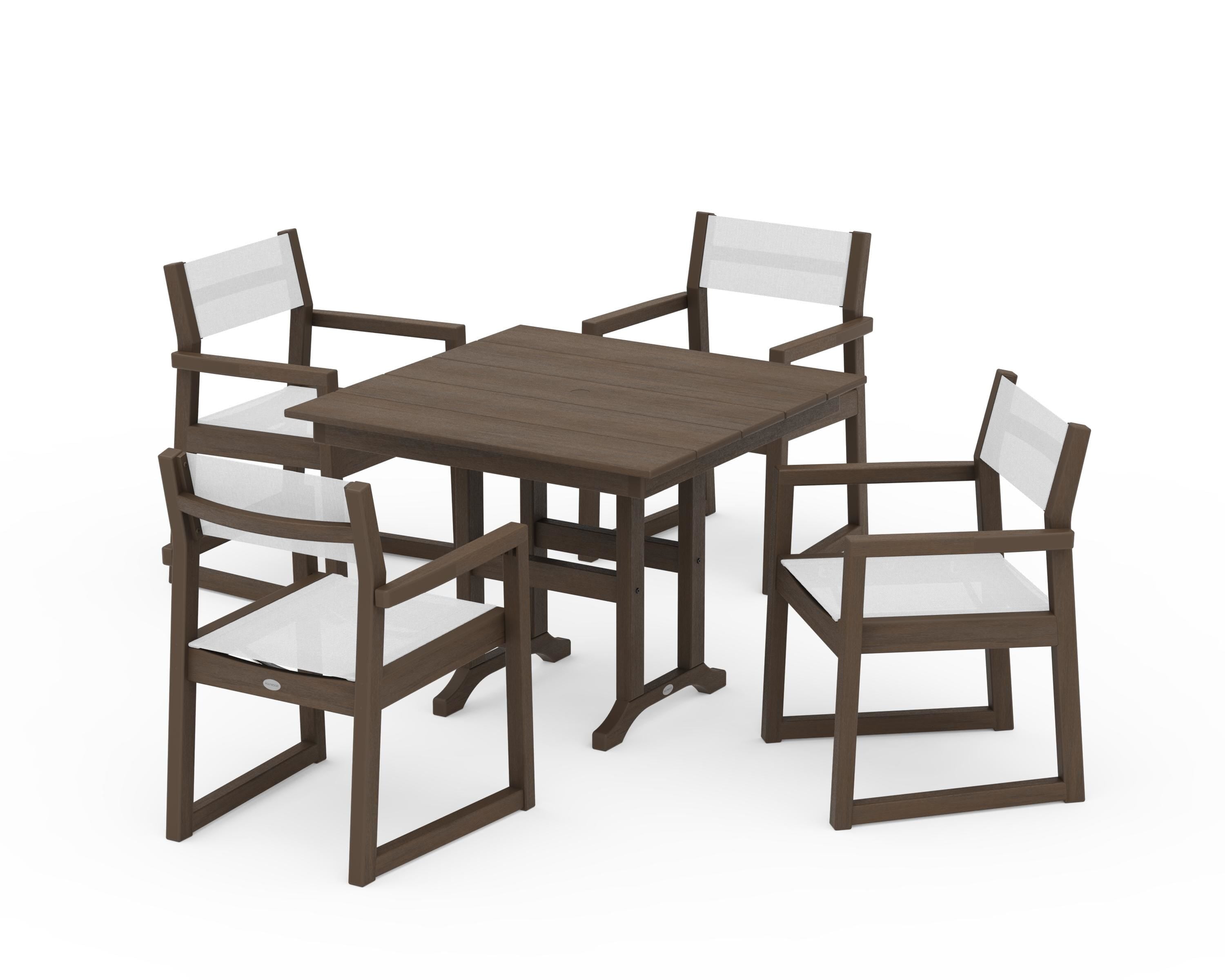 POLYWOOD EDGE Sling Arm Chair 5-Piece Farmhouse Dining Set in Kona / White Sling