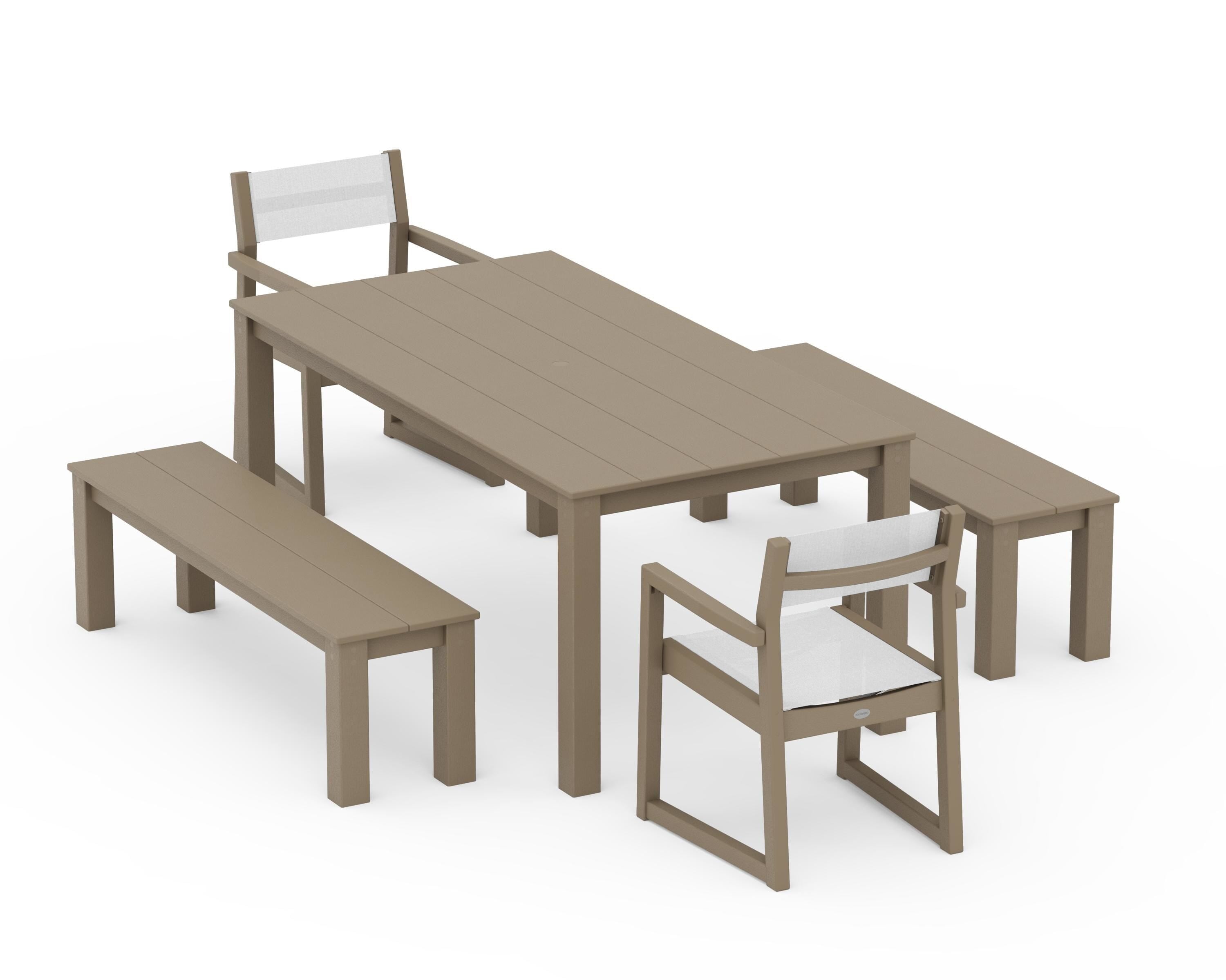 POLYWOOD EDGE Sling Arm Chair 5-Piece Parsons Dining Set with Benches in Vintage Sahara / White Sling