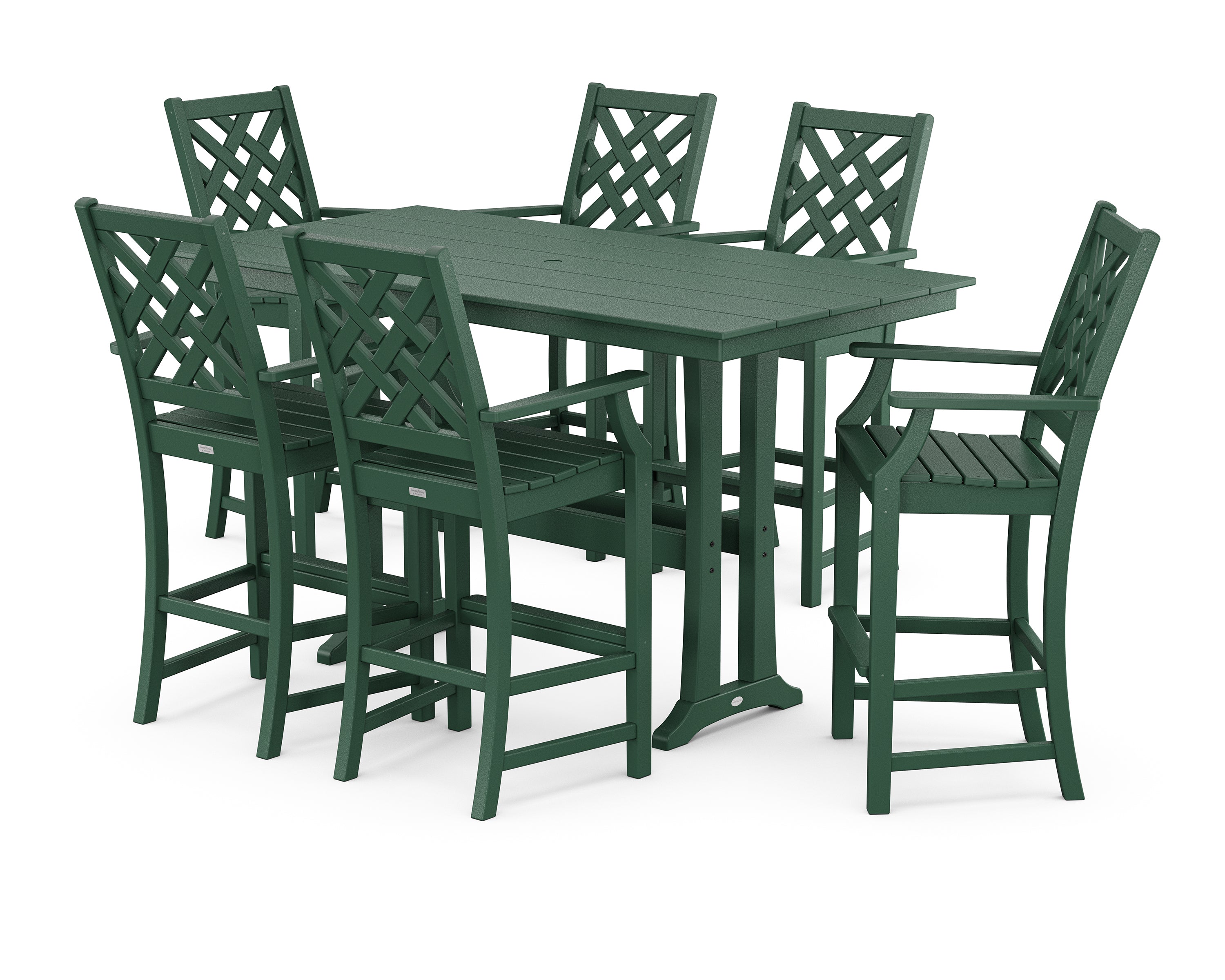 Country Living Wovendale Arm Chair 7-Piece Farmhouse Bar Set with Trestle Legs in Green