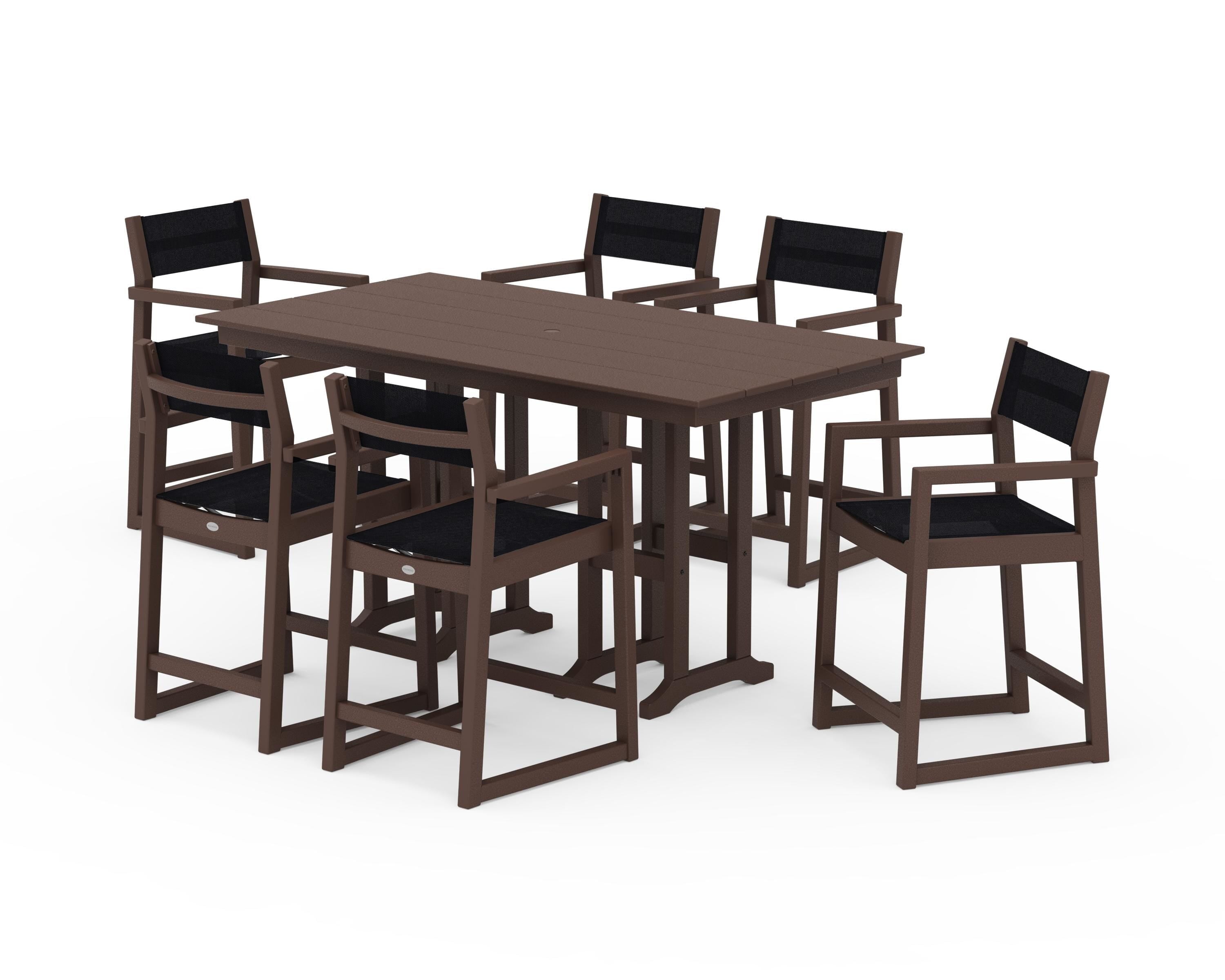 POLYWOOD EDGE Sling Arm Chair 7-Piece Farmhouse Counter Set in Mahogany / Black Sling