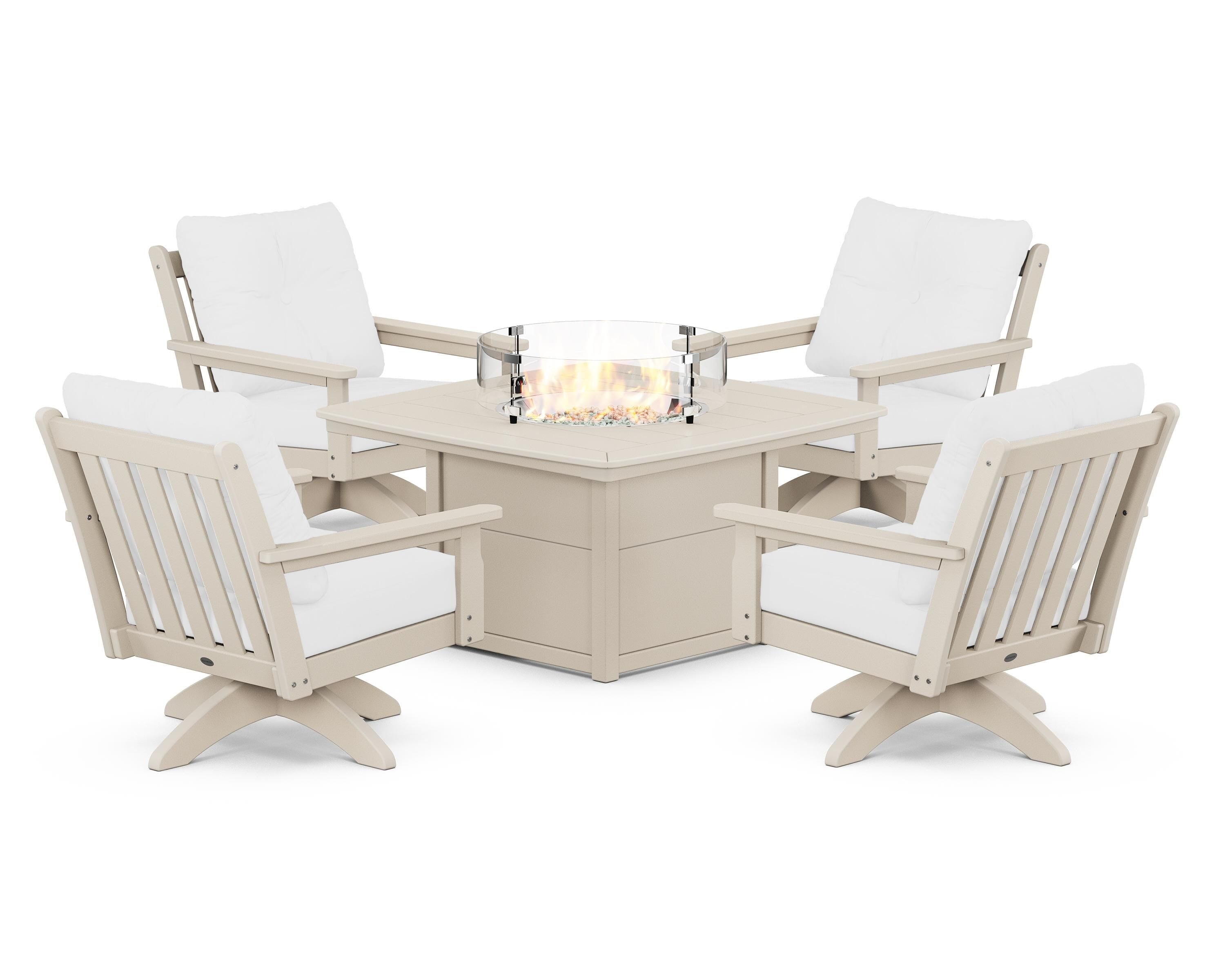 POLYWOOD Vineyard 5-Piece Deep Seating Swivel Conversation Set with Fire Pit Table in Sand / Natural