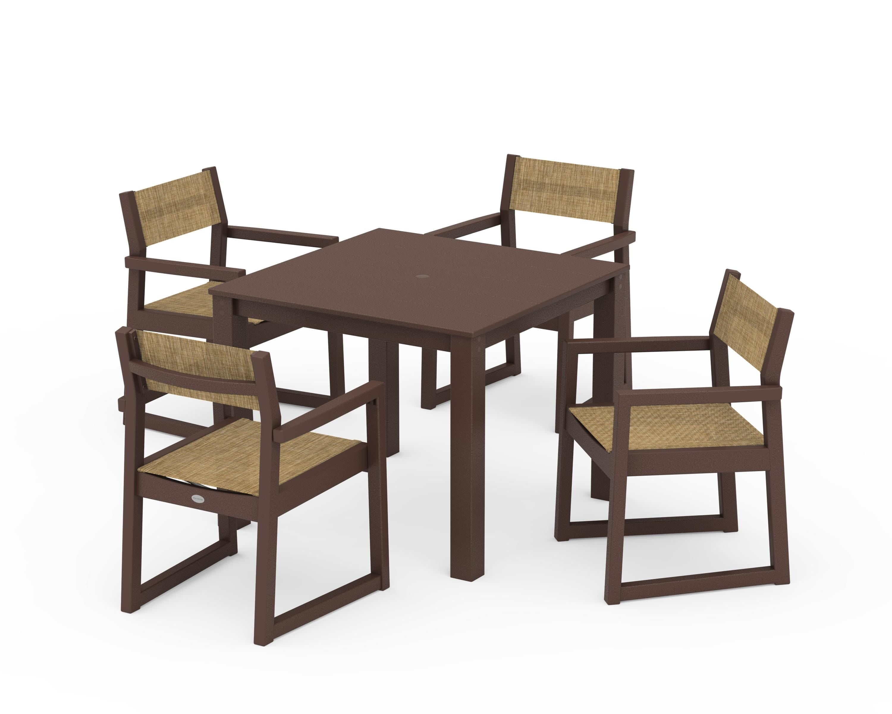 POLYWOOD EDGE Sling Arm Chair 5-Piece Parsons Dining Set in Mahogany / Burlap Sling