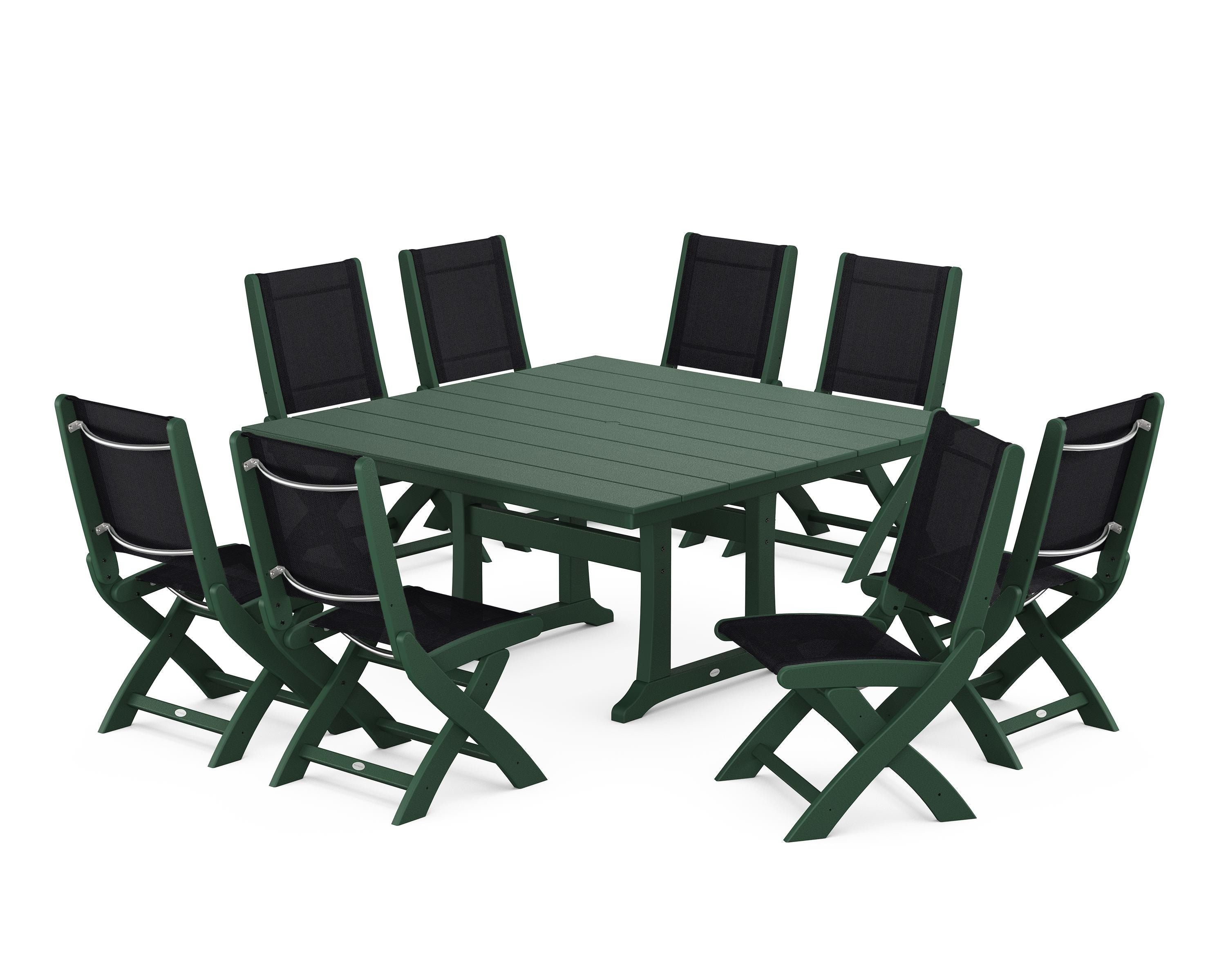 POLYWOOD Coastal Folding Side Chair 9-Piece Farmhouse Dining Set in Green / Black Sling