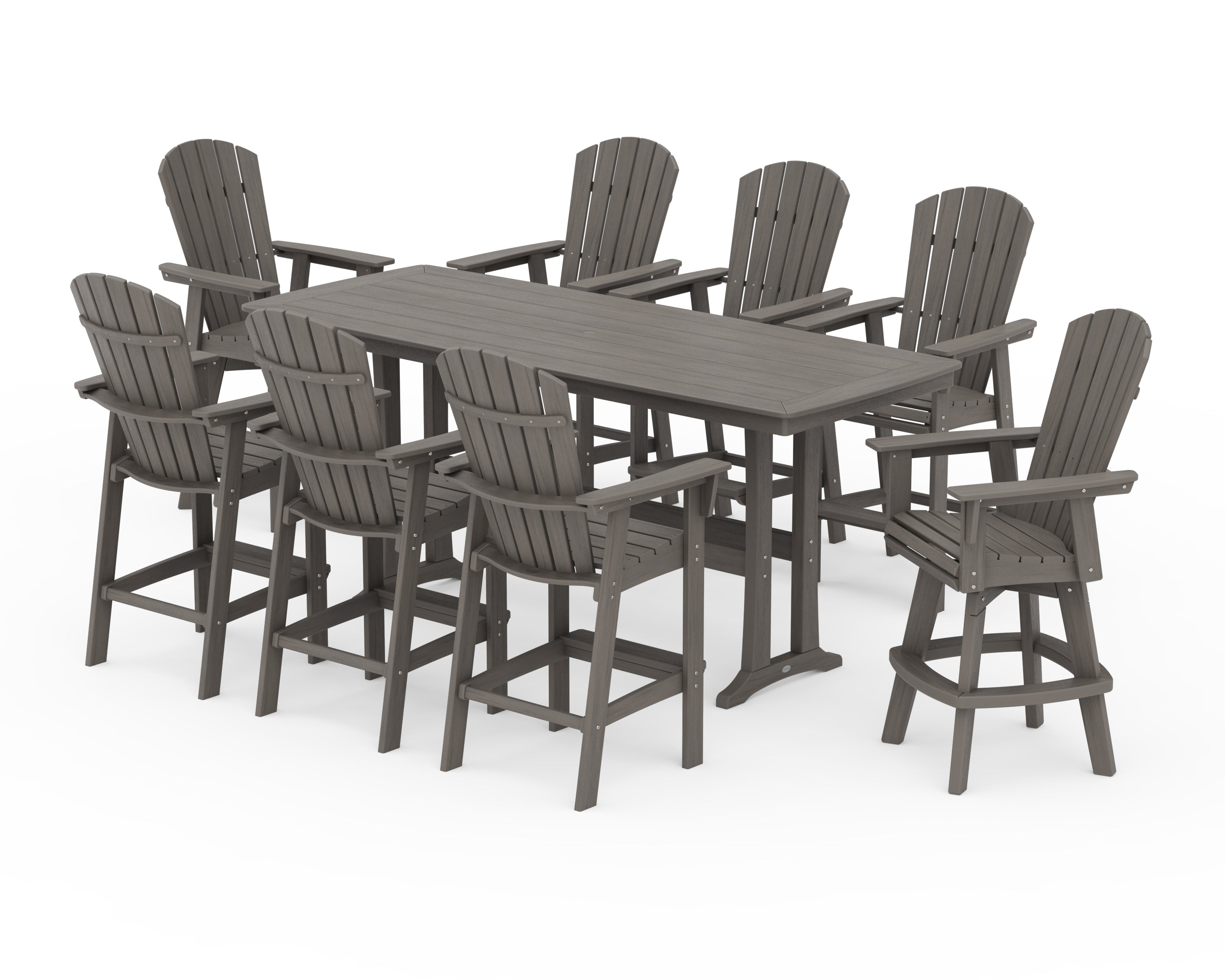 POLYWOOD Nautical Curveback Adirondack Swivel 9-Piece Bar Set with Trestle Legs in Driftwood