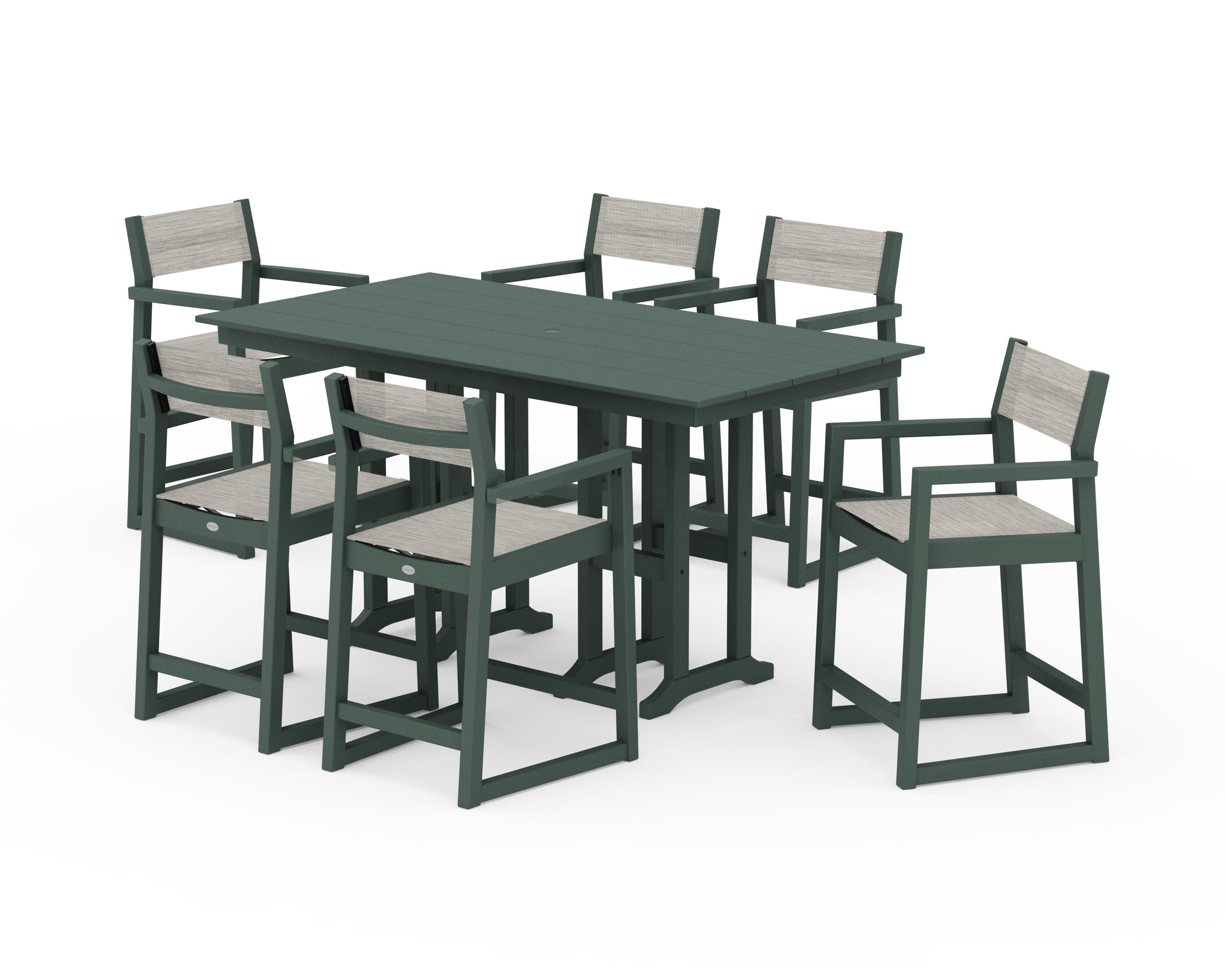 POLYWOOD EDGE Sling Arm Chair 7-Piece Farmhouse Counter Set in Green / Birch Sling