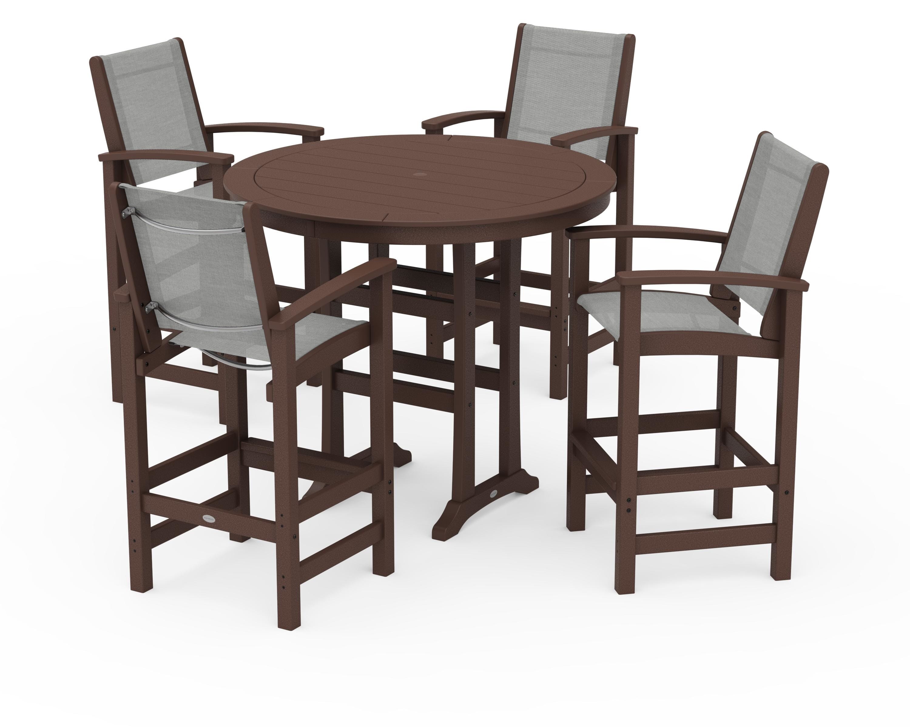 POLYWOOD Coastal 5-Piece Nautical Trestle Bar Set in Mahogany / Metallic Sling