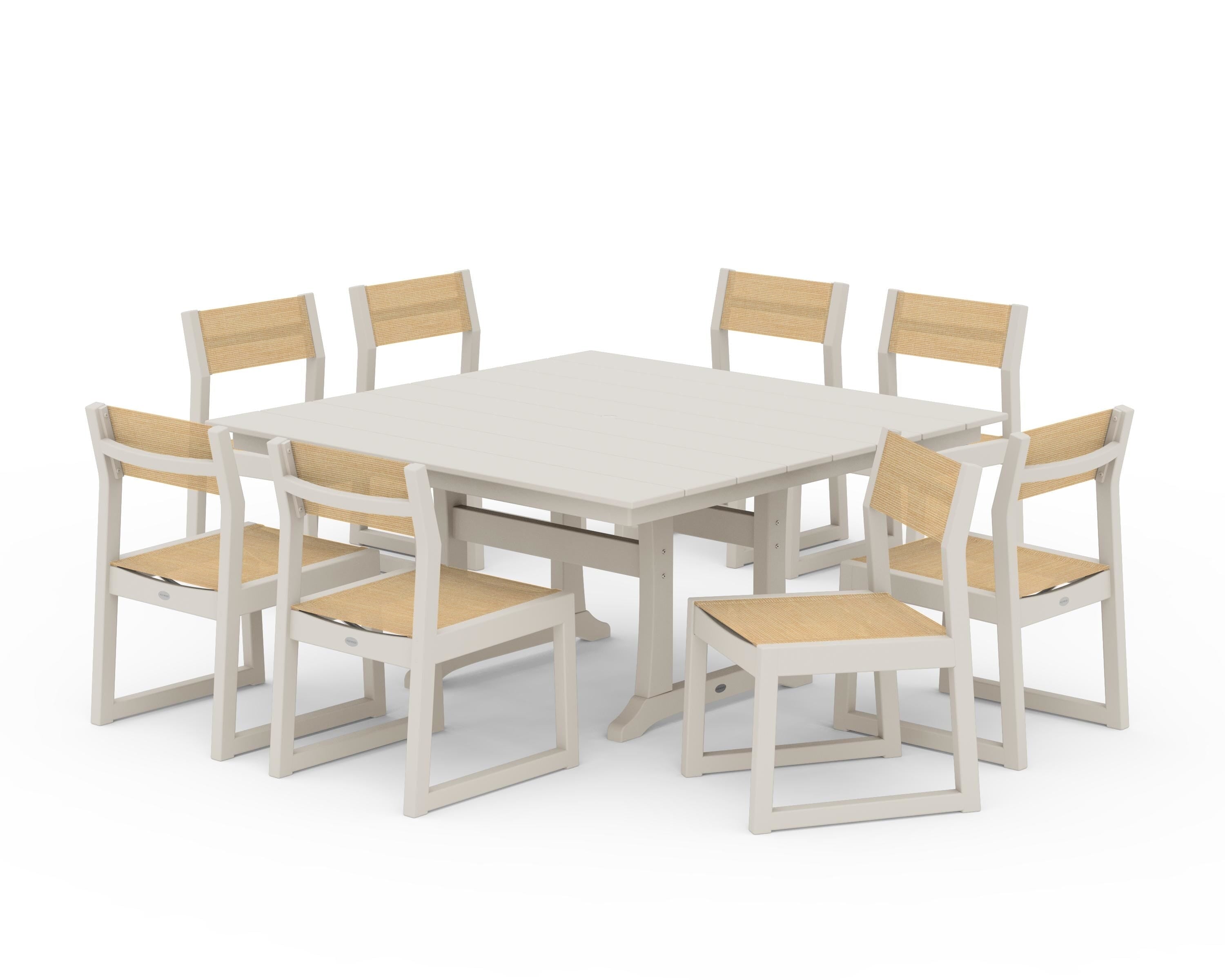 POLYWOOD EDGE Sling Side Chair 9-Piece Farmhouse Trestle Dining Set in Sand / Dupioni Apricot Sling