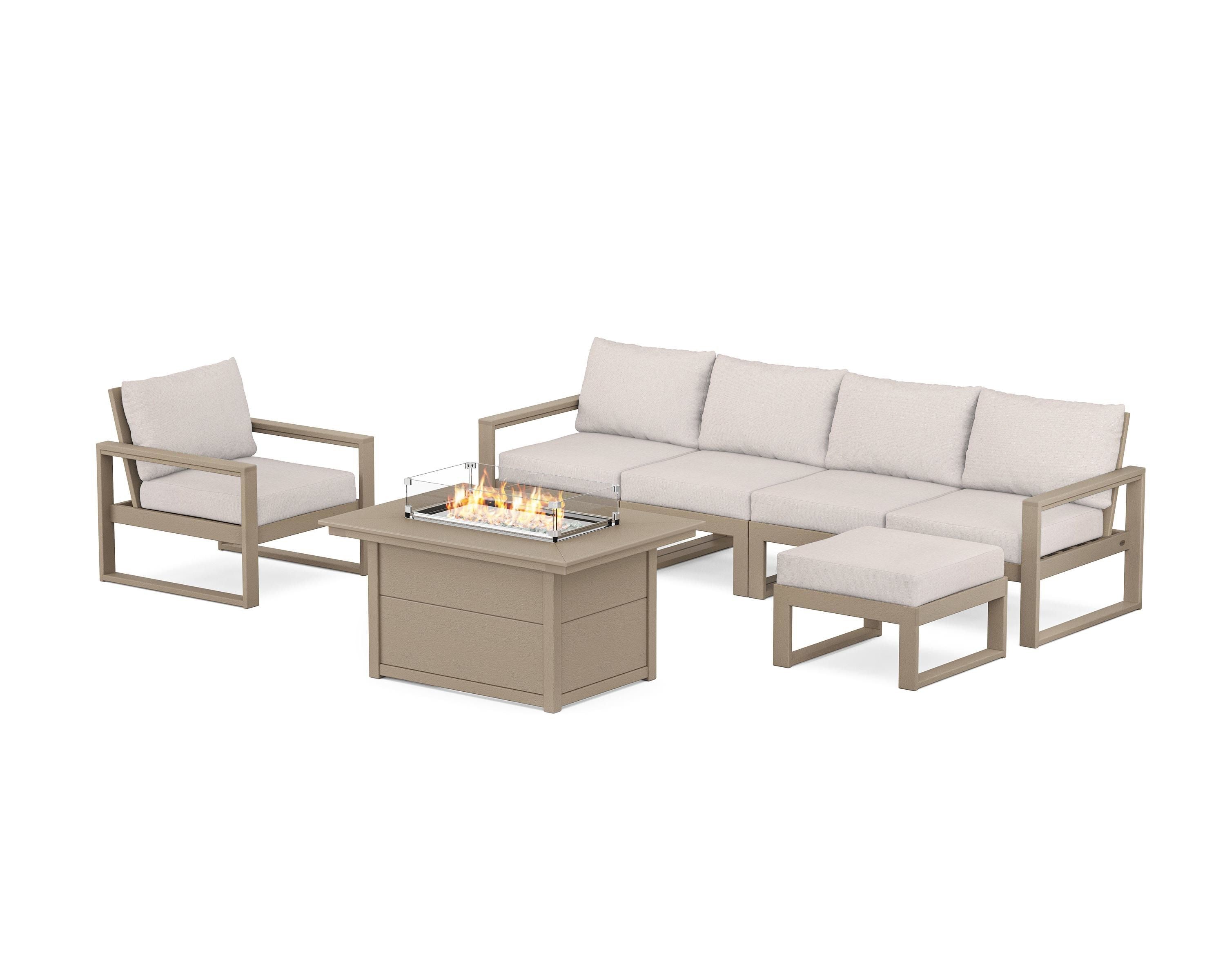 POLYWOOD EDGE Sectional Lounge and Fire Pit Set in Vintage Sahara / Dune Burlap