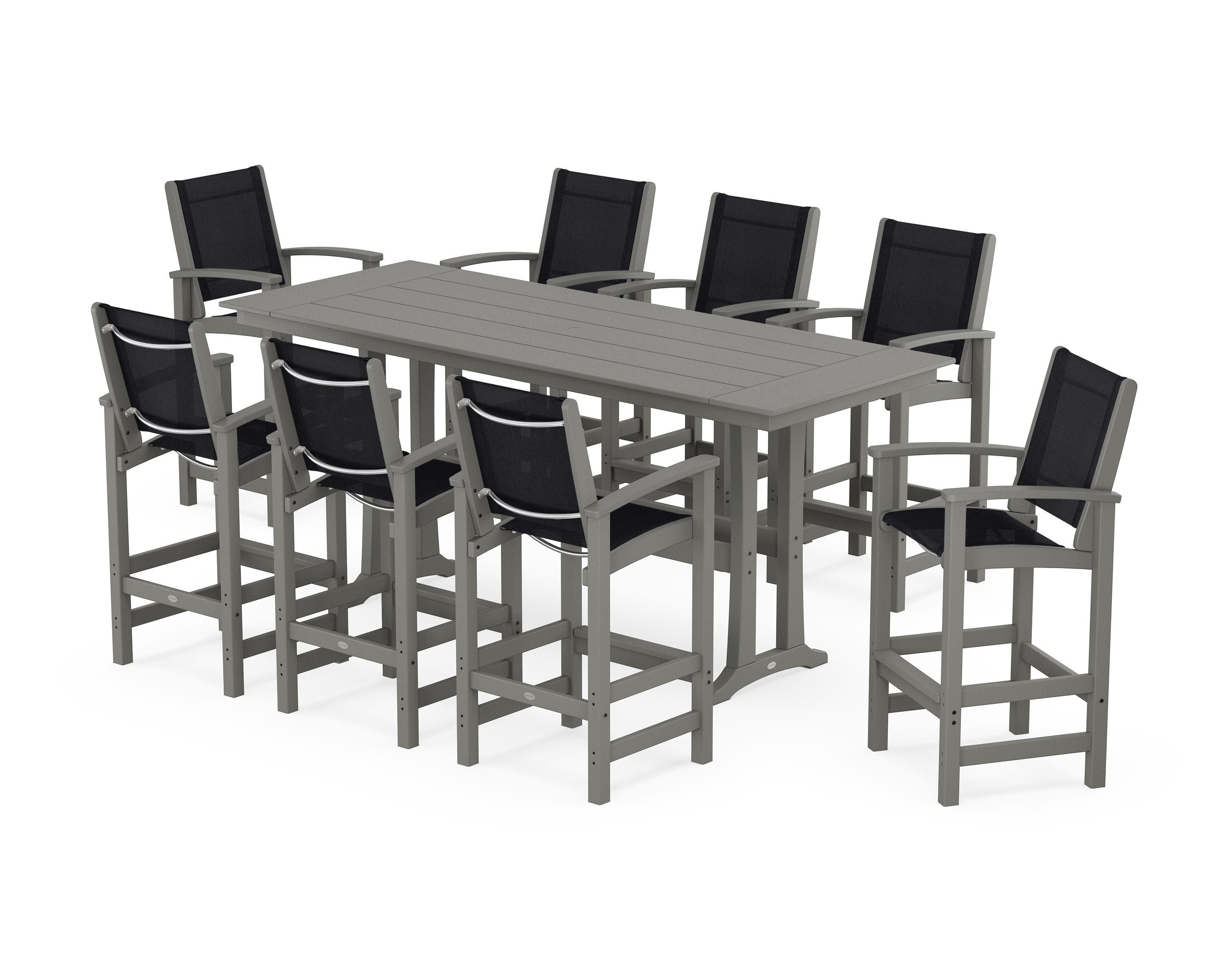 POLYWOOD Coastal 9-Piece Farmhouse Bar Set with Trestle Legs in Slate Grey / Black Sling