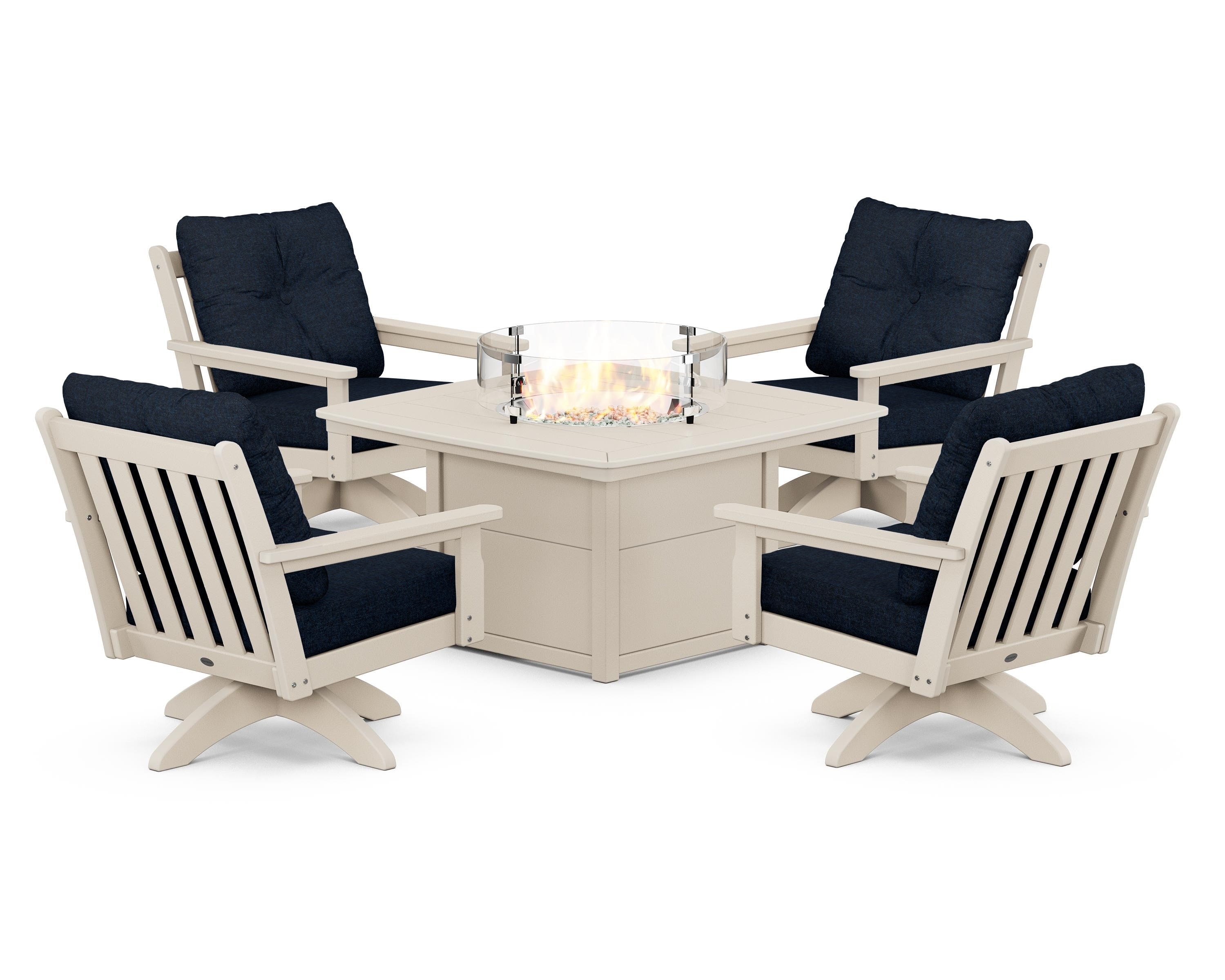 POLYWOOD Vineyard 5-Piece Deep Seating Swivel Conversation Set with Fire Pit Table in Sand / Marine Indigo