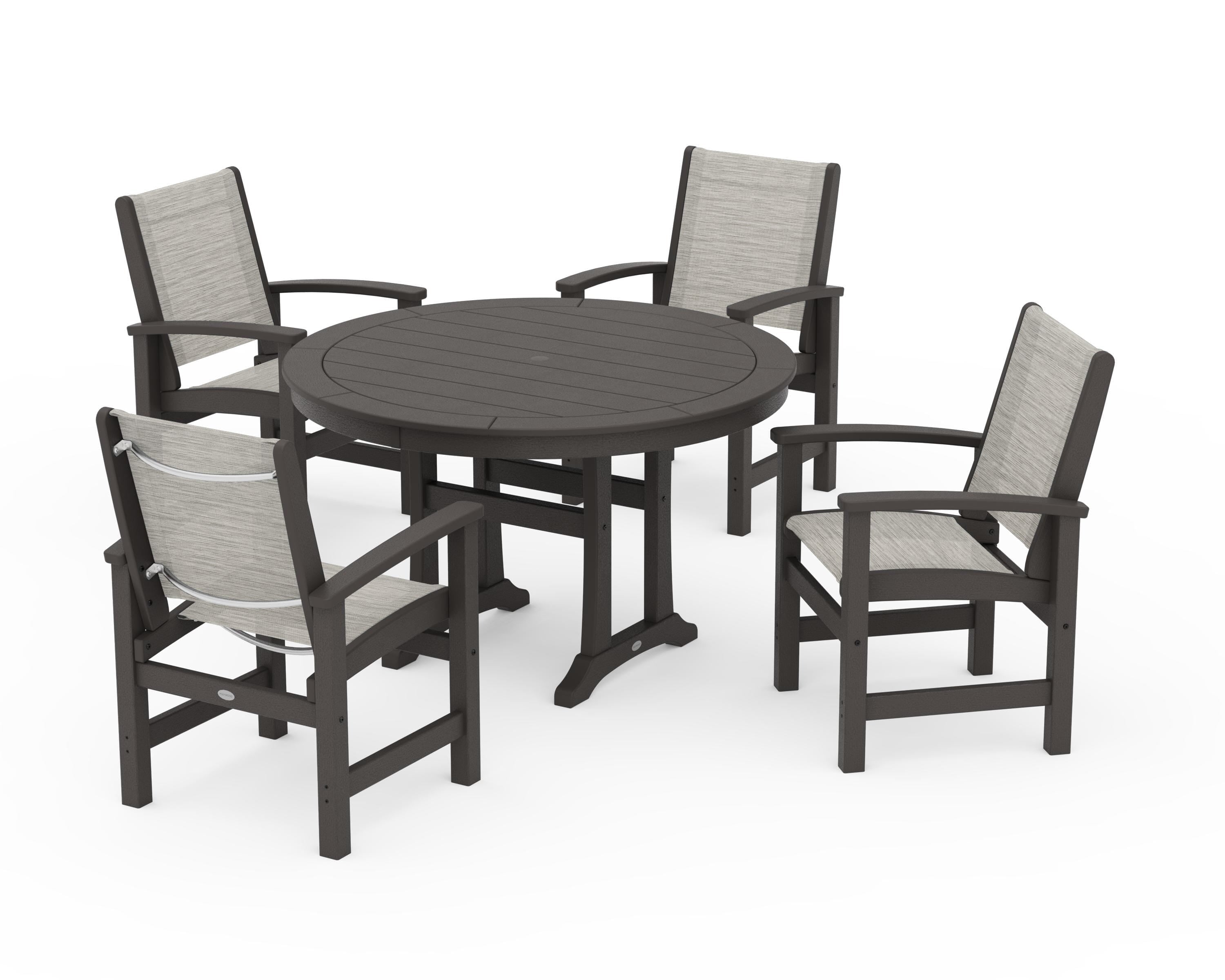 POLYWOOD Coastal 5-Piece Round Dining Set with Trestle Legs in Vintage Coffee / Birch Sling