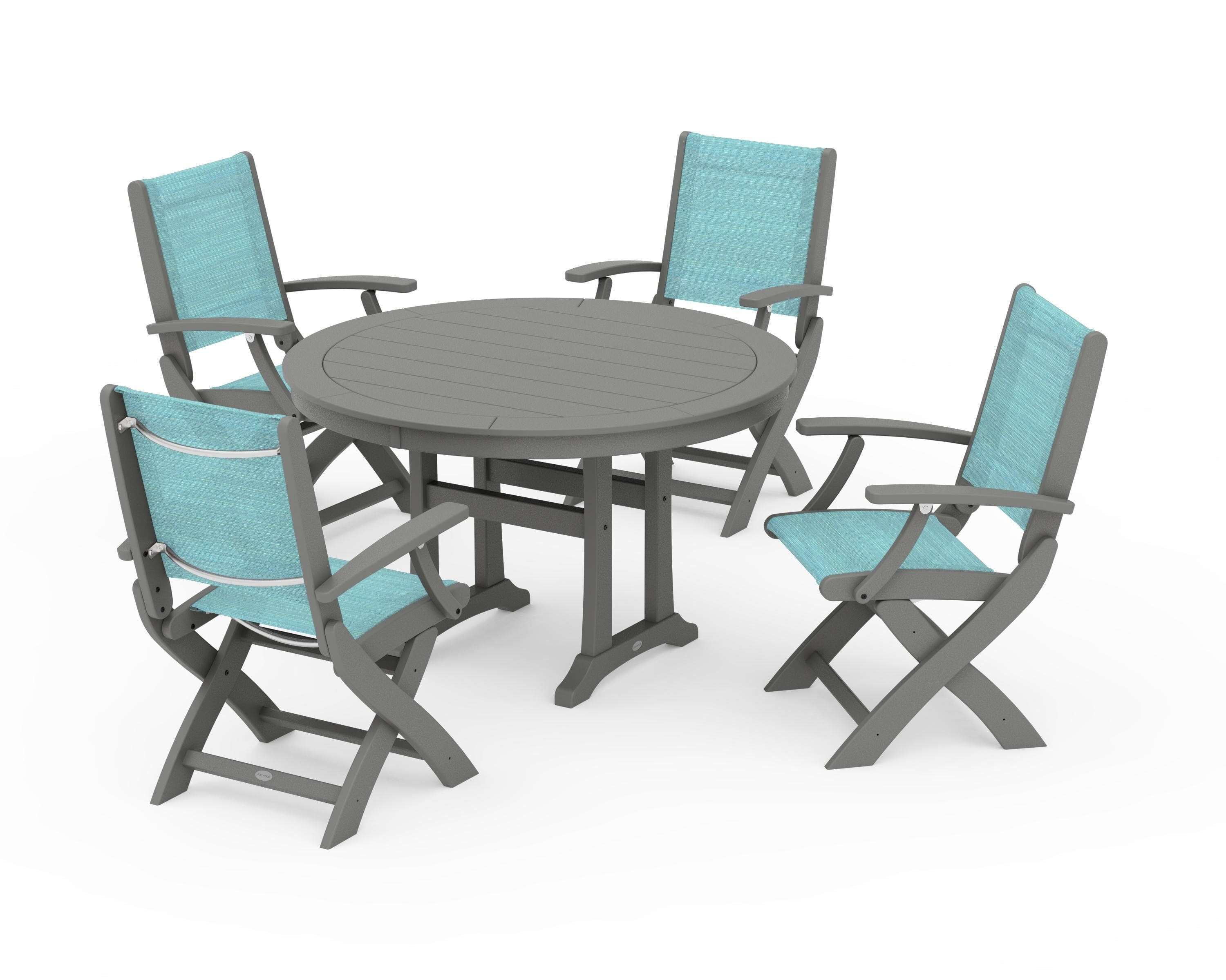 POLYWOOD Coastal Folding Chair 5-Piece Round Dining Set with Trestle Legs in Slate Grey / Dupioni Aquamarine Sling