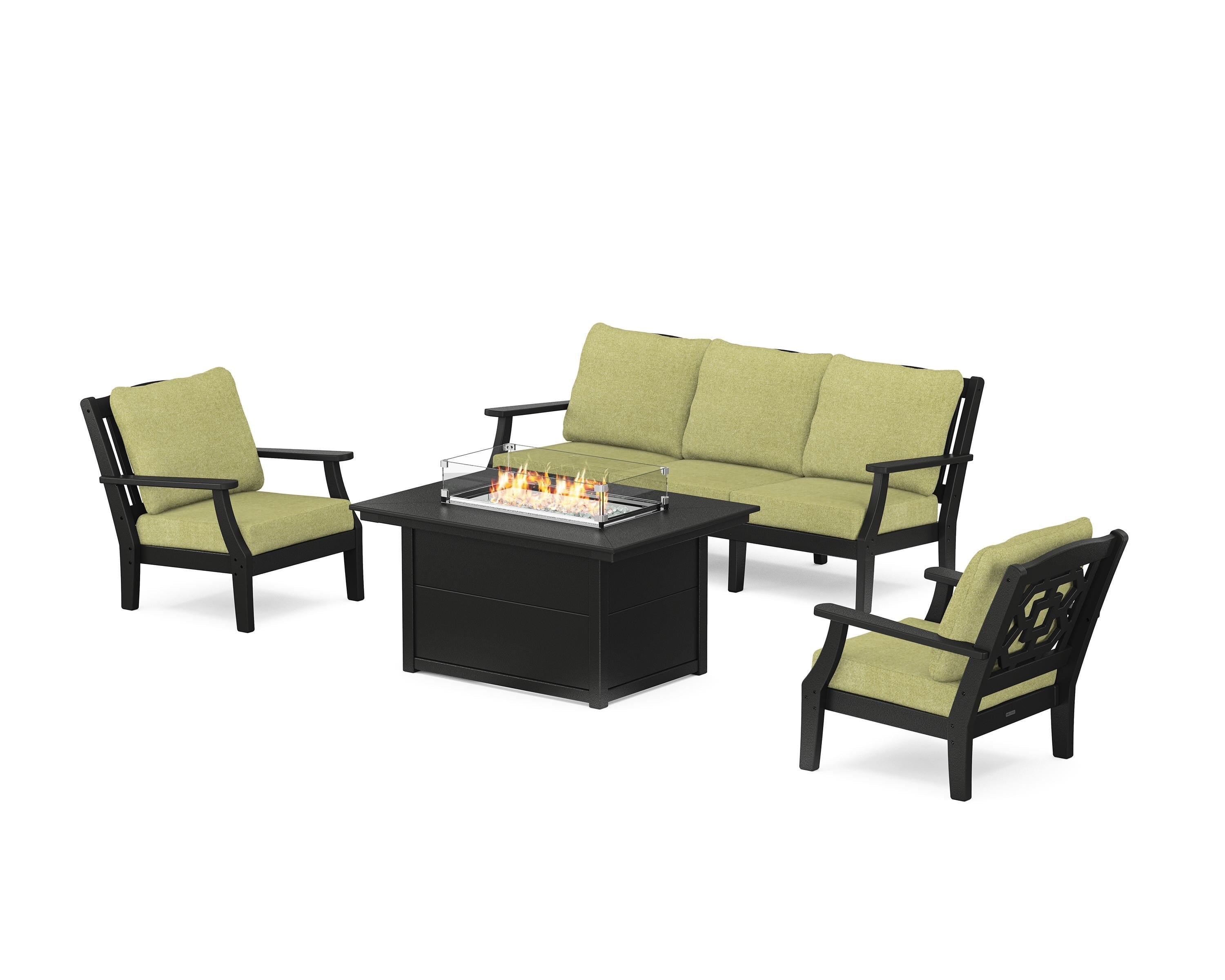 Martha Stewart by POLYWOOD Chinoiserie Deep Seating Fire Pit Table Set in Black / Chartreuse Boucle