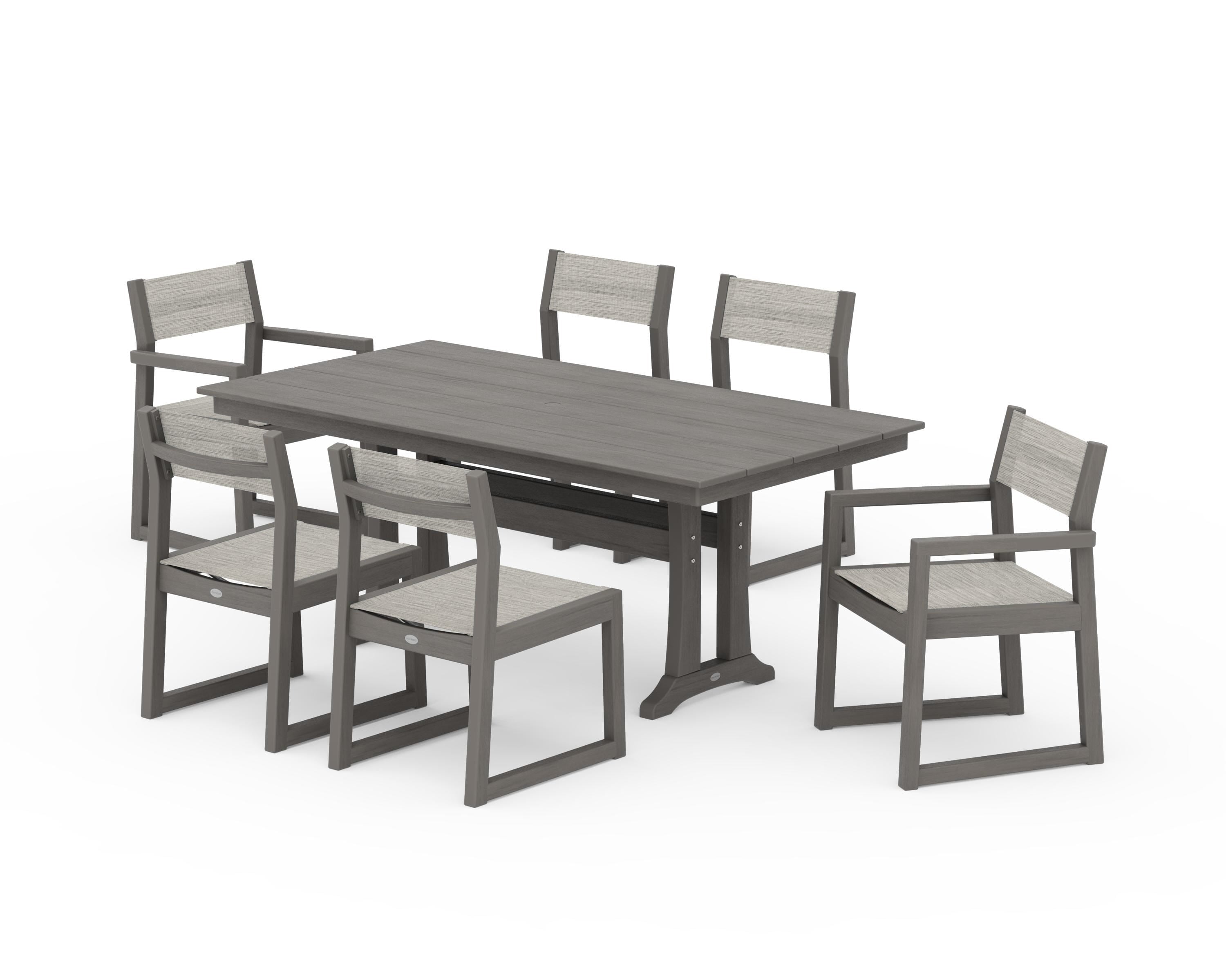 POLYWOOD EDGE Sling 7-Piece Farmhouse Trestle Dining Set in Driftwood / Birch Sling