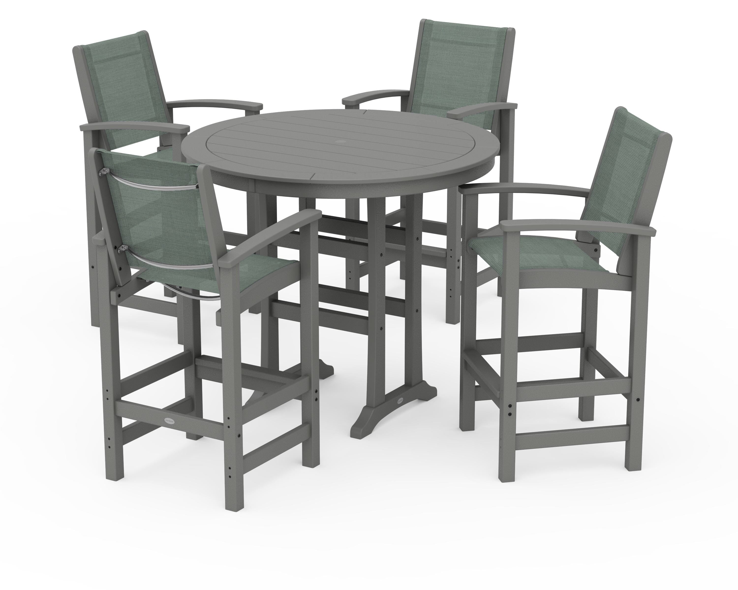 POLYWOOD Coastal 5-Piece Nautical Trestle Bar Set in Slate Grey / Dupioni Sea Mist Sling