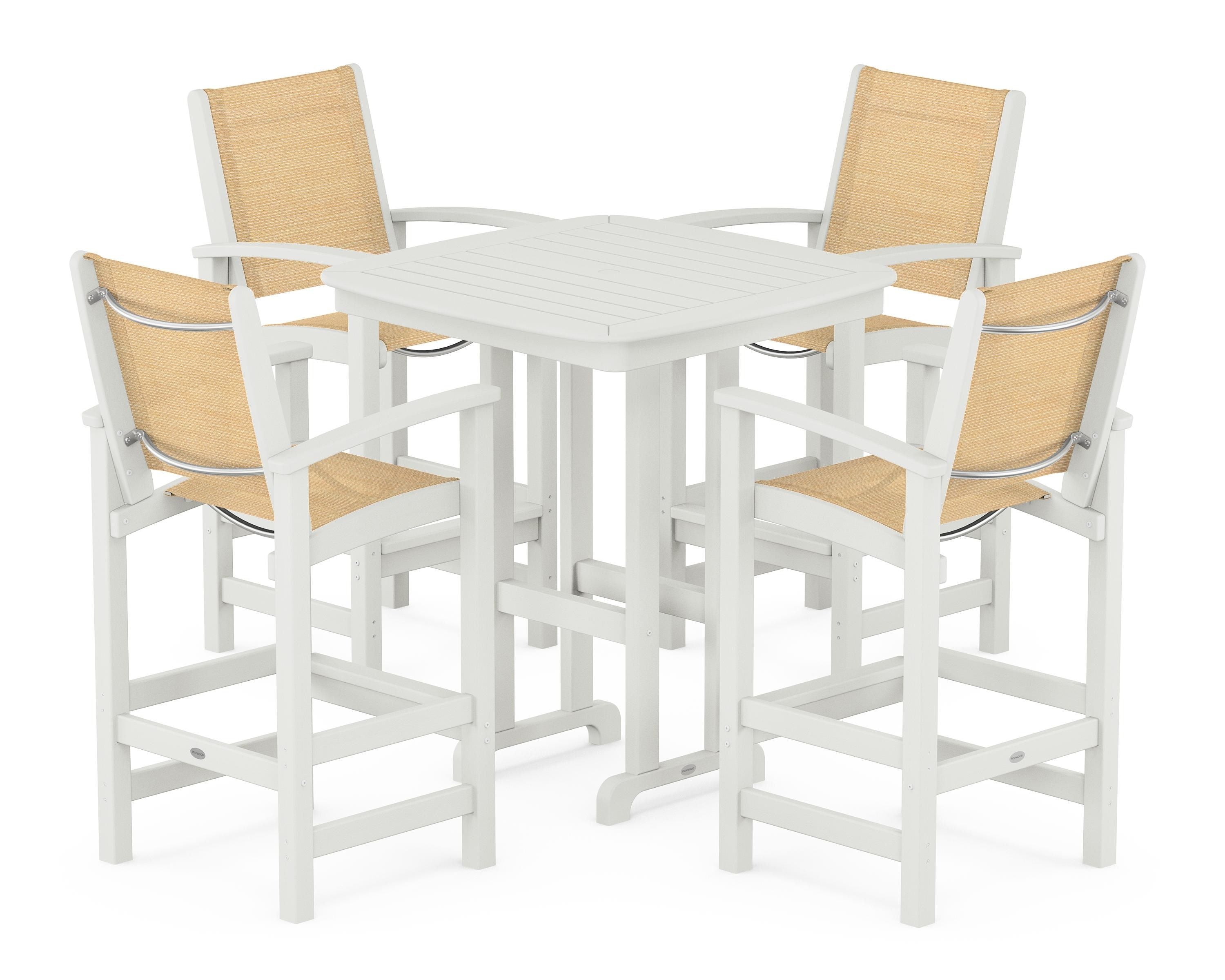 POLYWOOD Coastal 5-Piece Bar Set in Vintage White / Dupioni Apricot Sling