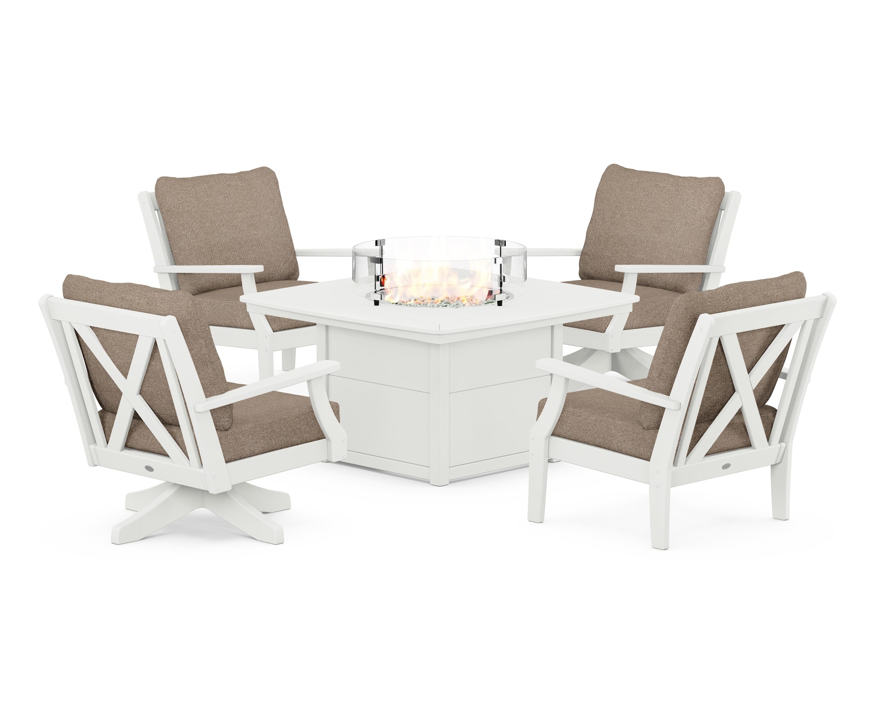 POLYWOOD Braxton 5-Piece Deep Seating Set with Fire Table in Vintage White / Spiced Burlap