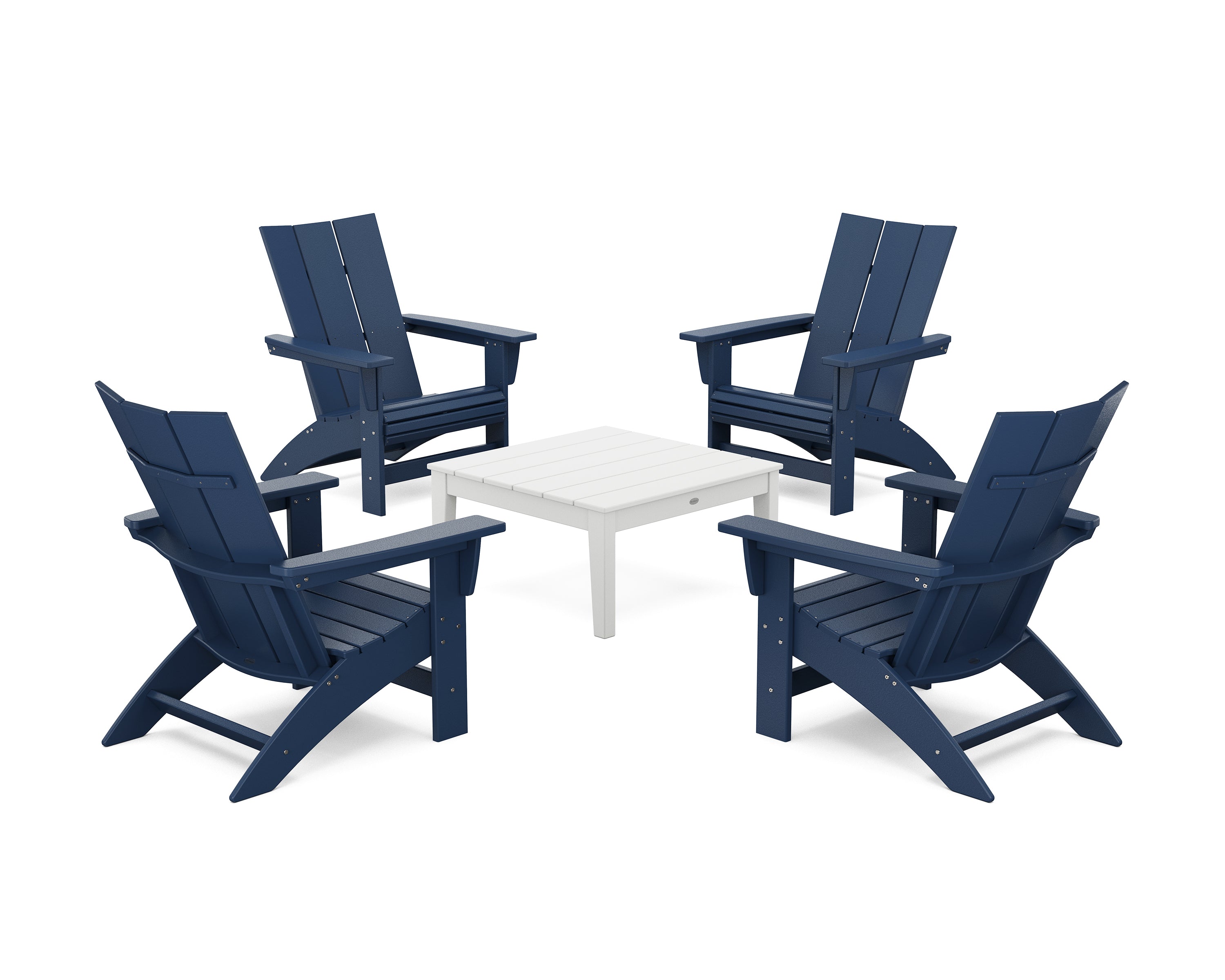 POLYWOOD® 5-Piece Modern Grand Adirondack Chair Conversation Group in Navy / White