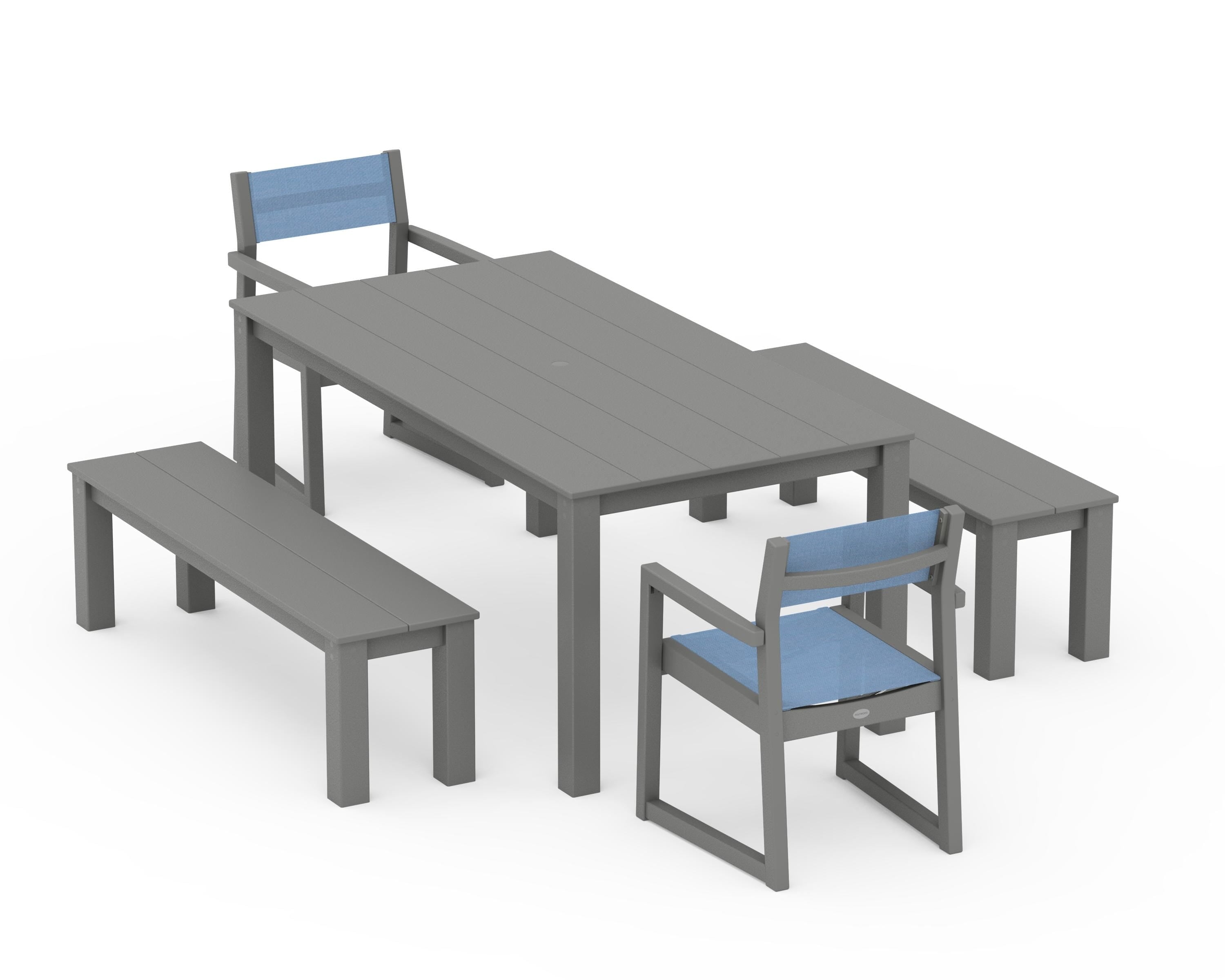 POLYWOOD EDGE Sling Arm Chair 5-Piece Parsons Dining Set with Benches in Slate Grey / Poolside Sling