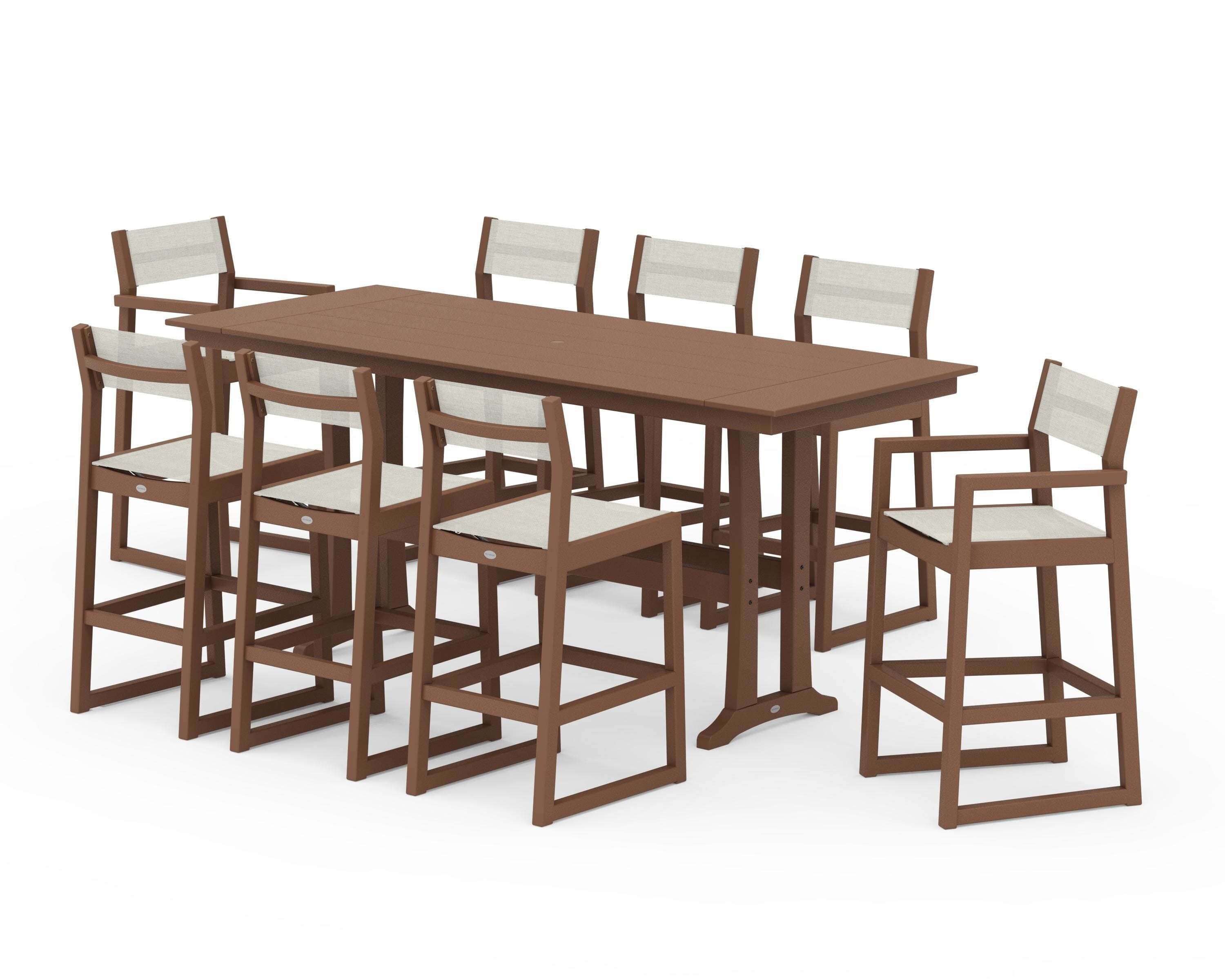 POLYWOOD EDGE Sling 9-Piece Farmhouse Bar Set with Trestle Legs in Teak / Parchment Sling