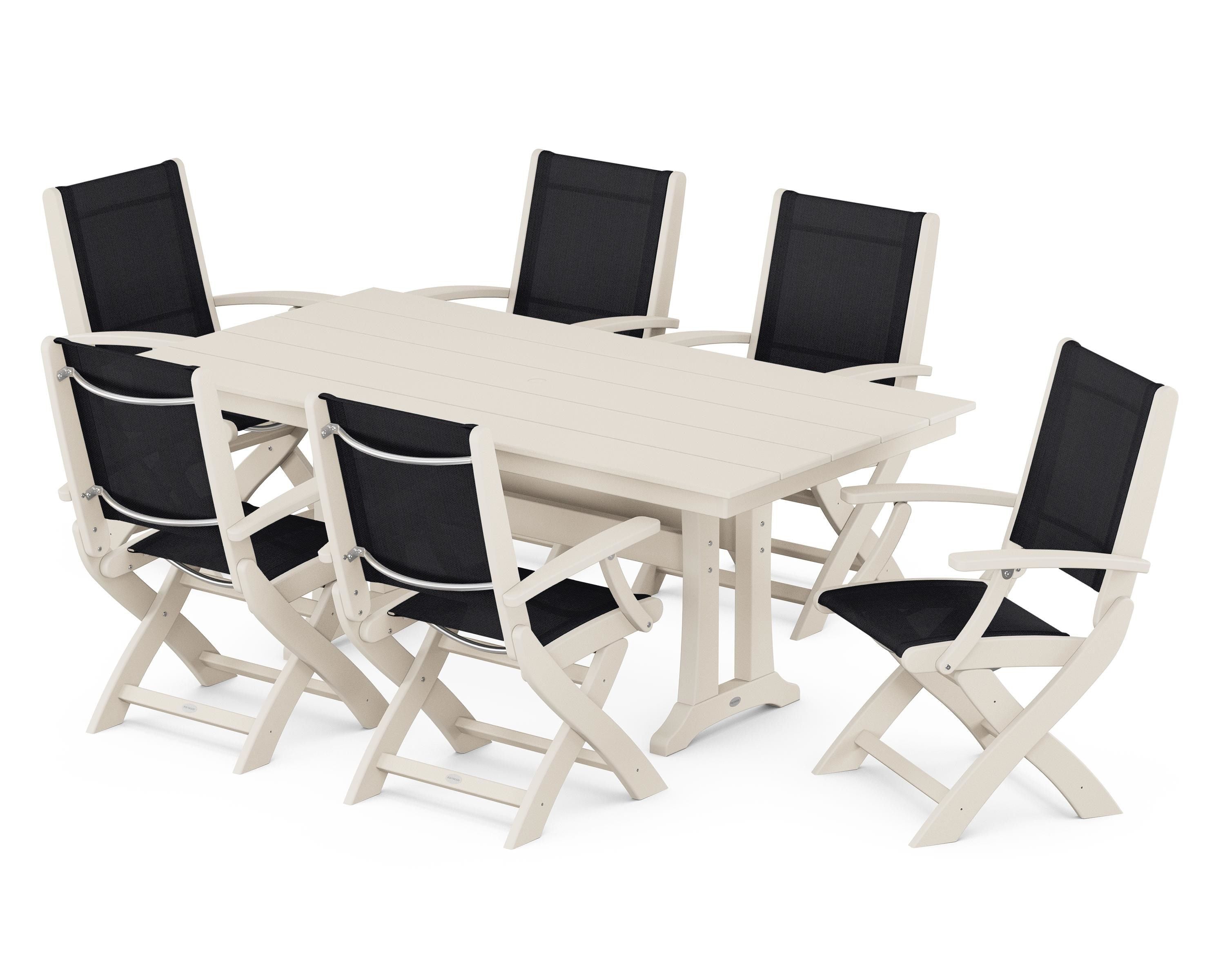 POLYWOOD Coastal Folding Arm Chair 7-Piece Farmhouse Dining Set with Trestle Legs in Sand / Black Sling