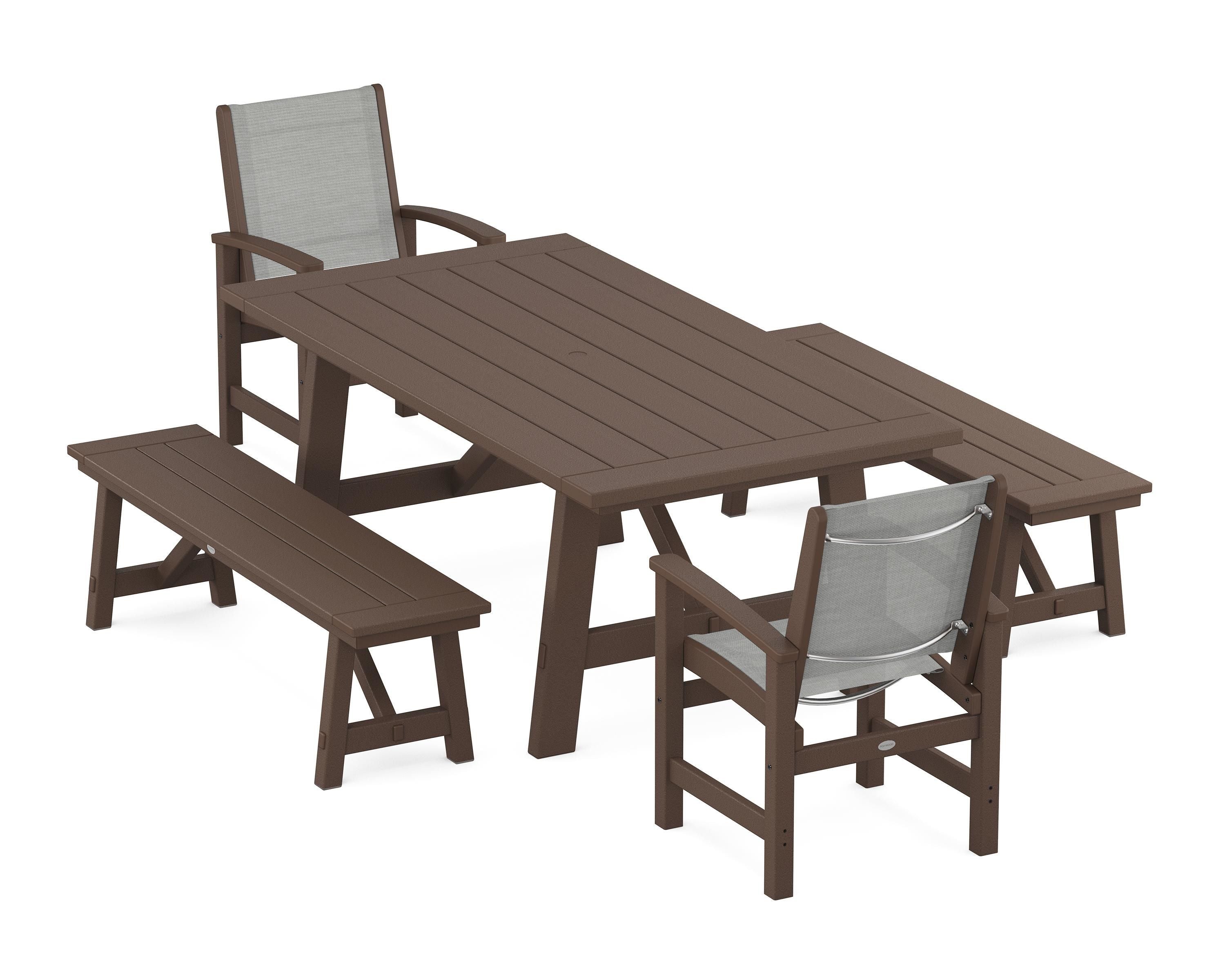 POLYWOOD Coastal 5-Piece Rustic Farmhouse Dining Set With Benches in Mahogany / Metallic Sling
