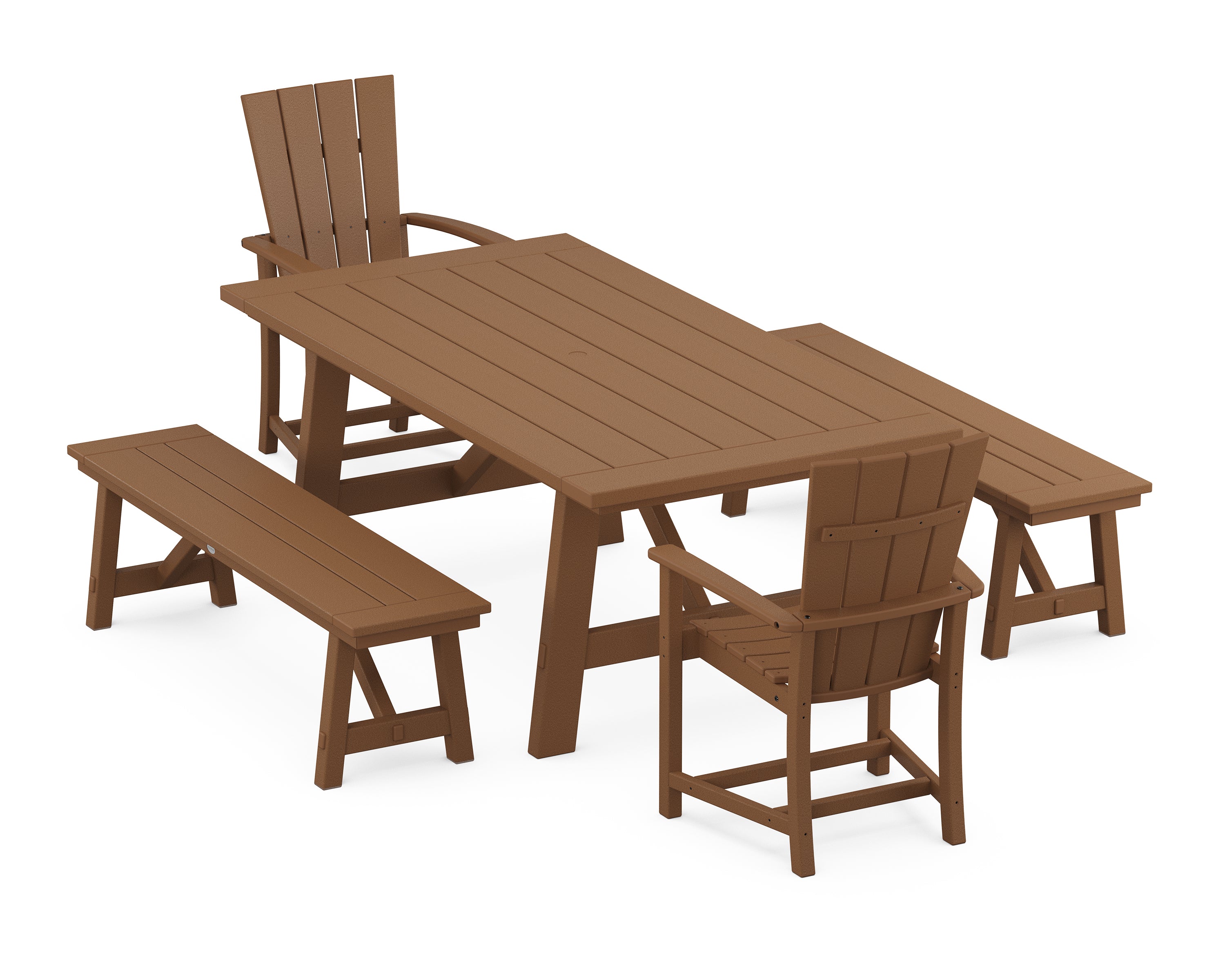 POLYWOOD® Quattro 5-Piece Rustic Farmhouse Dining Set With Benches in Teak