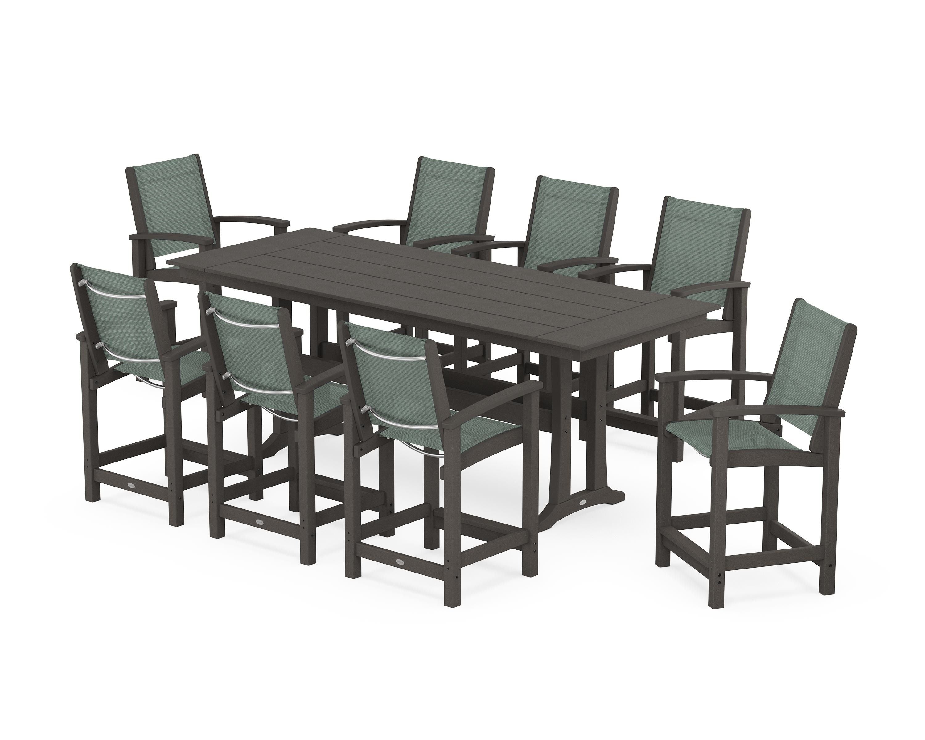 POLYWOOD Coastal 9-Piece Farmhouse Counter Set with Trestle Legs in Vintage Coffee / Dupioni Sea Mist Sling