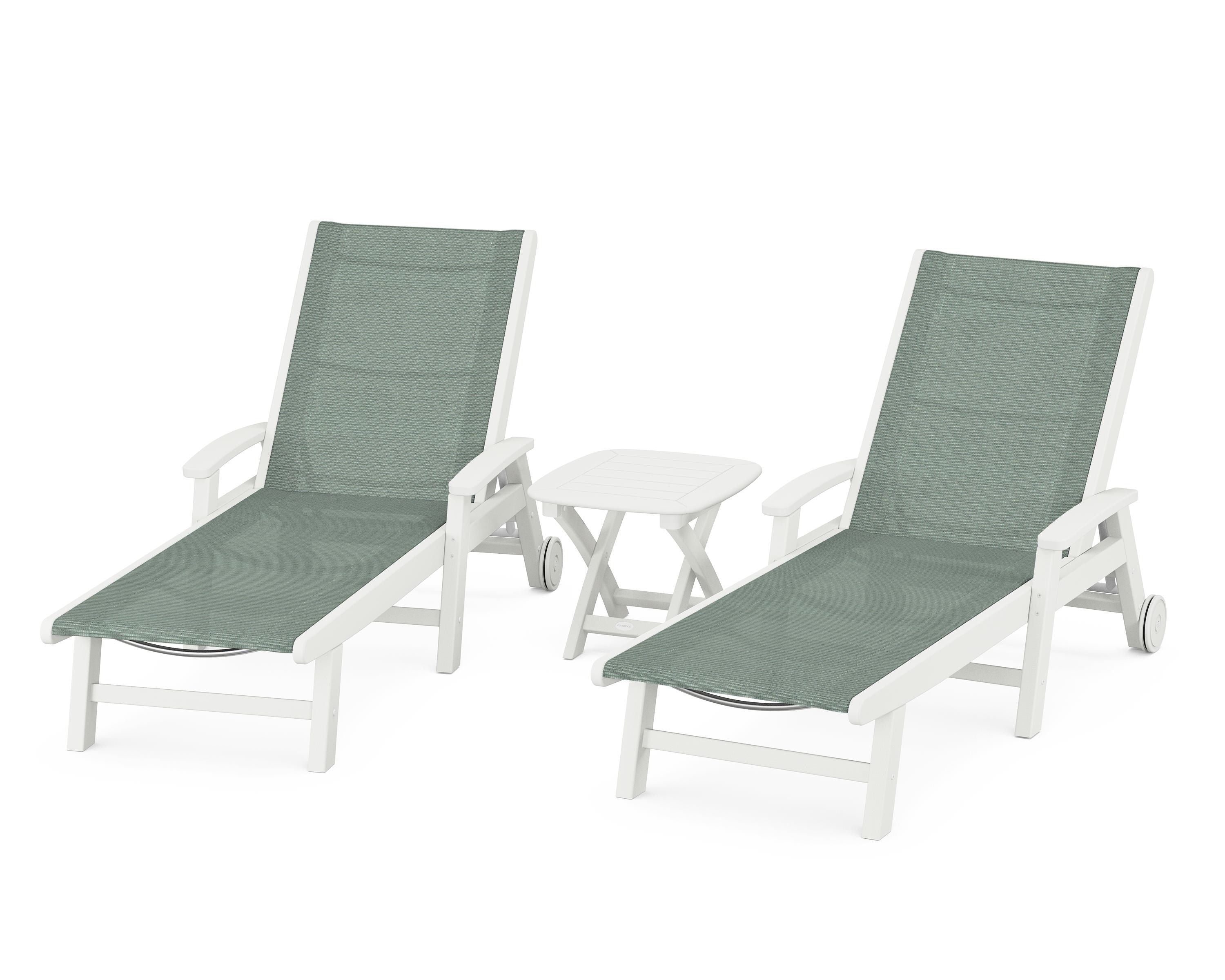POLYWOOD Coastal 3-Piece Wheeled Chaise Set in Vintage White / Dupioni Sea Mist Sling