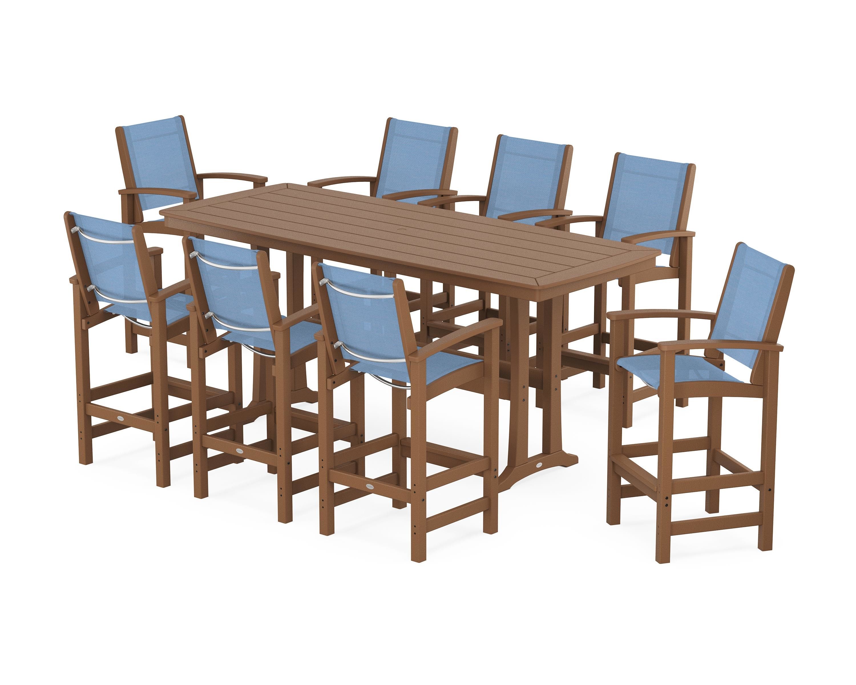POLYWOOD Coastal 9-Piece Bar Set with Trestle Legs in Teak / Poolside Sling
