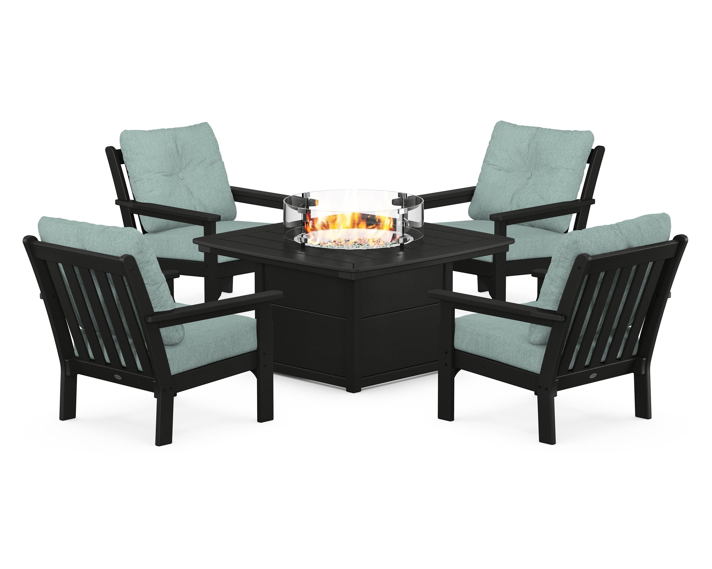 POLYWOOD Vineyard 5-Piece Conversation Set with Fire Pit Table in Black / Glacier Spa