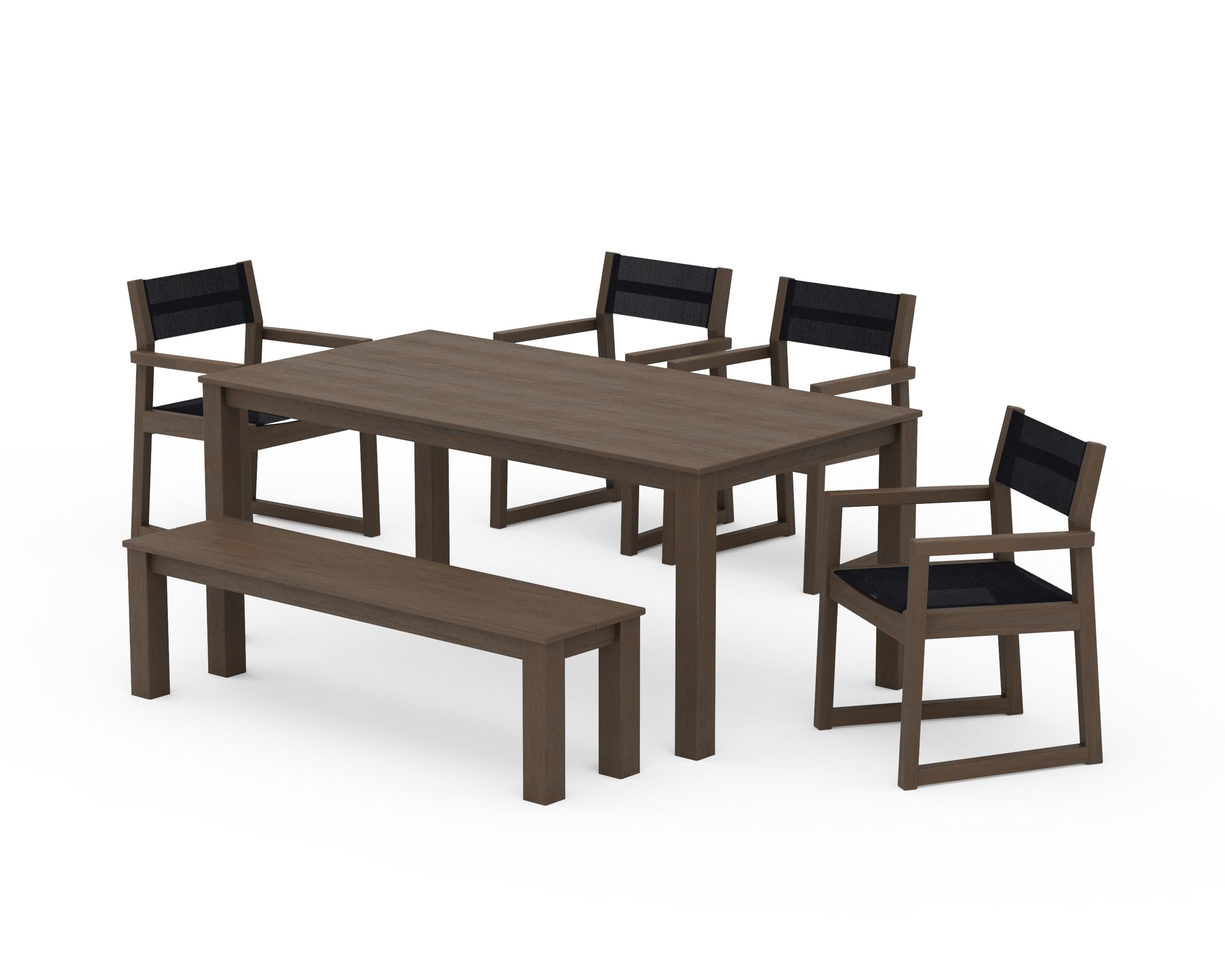 POLYWOOD EDGE Sling Arm Chair 6-Piece Parsons Dining Set with Bench in Kona / Black Sling