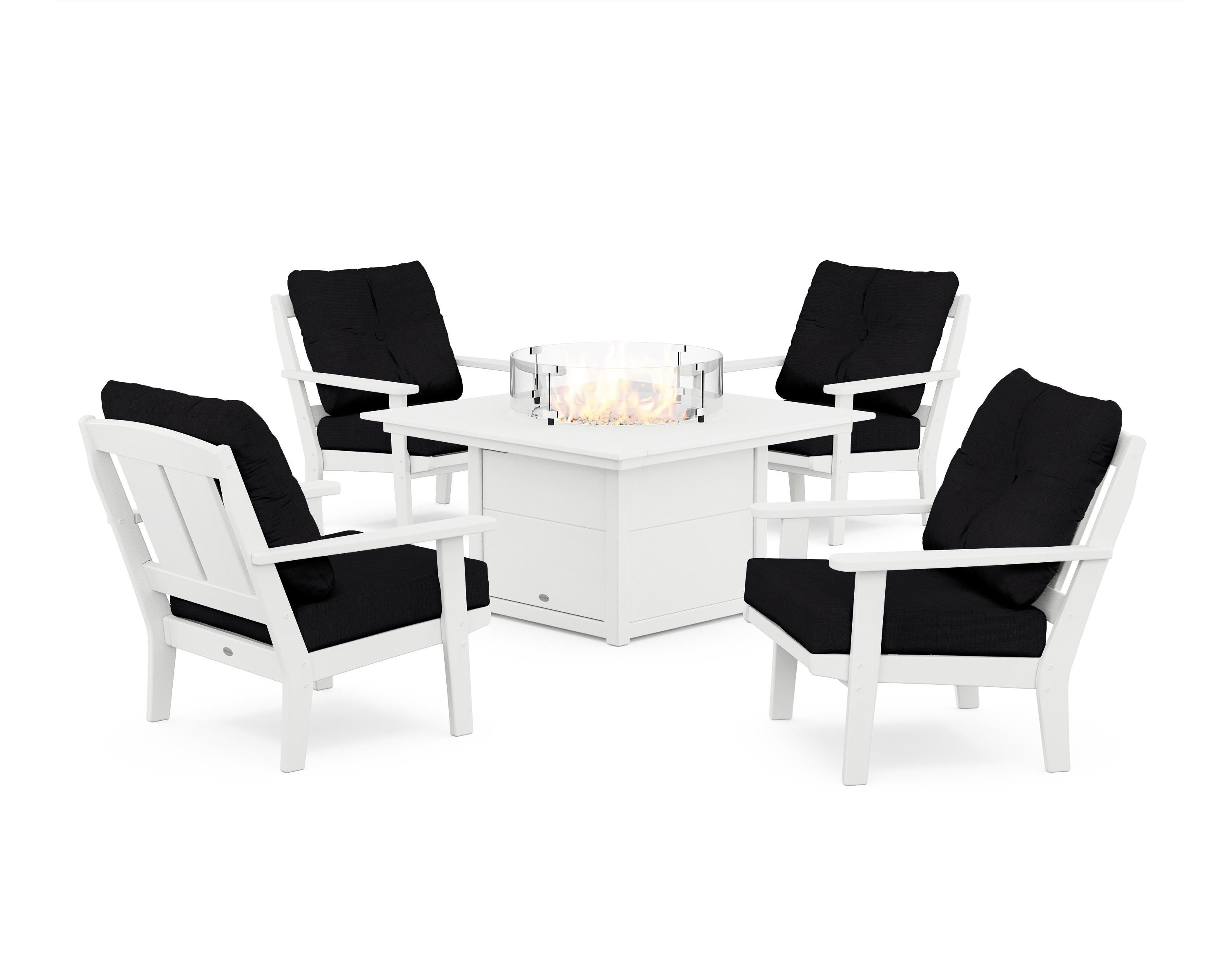 POLYWOOD Mission 5-Piece Deep Seating Set with Fire Pit Table in White / Midnight Linen