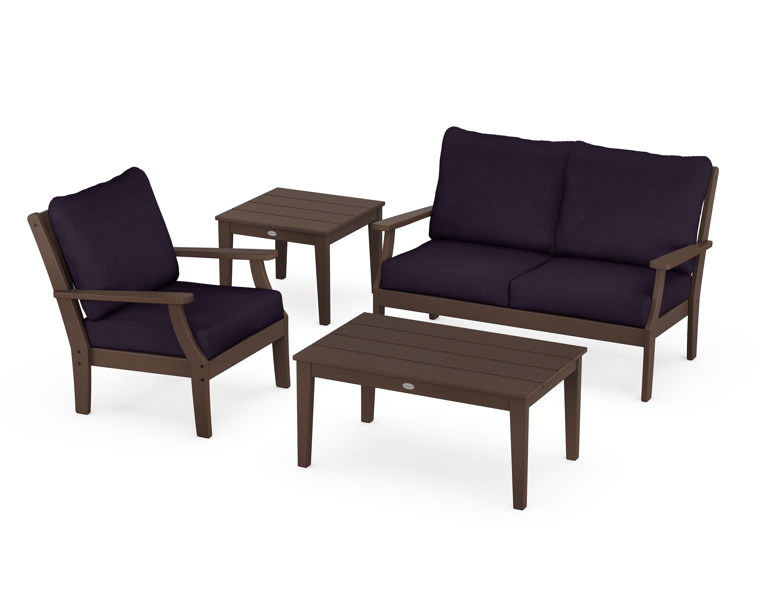 POLYWOOD Braxton 4-Piece Deep Seating Set in Mahogany / Navy Linen