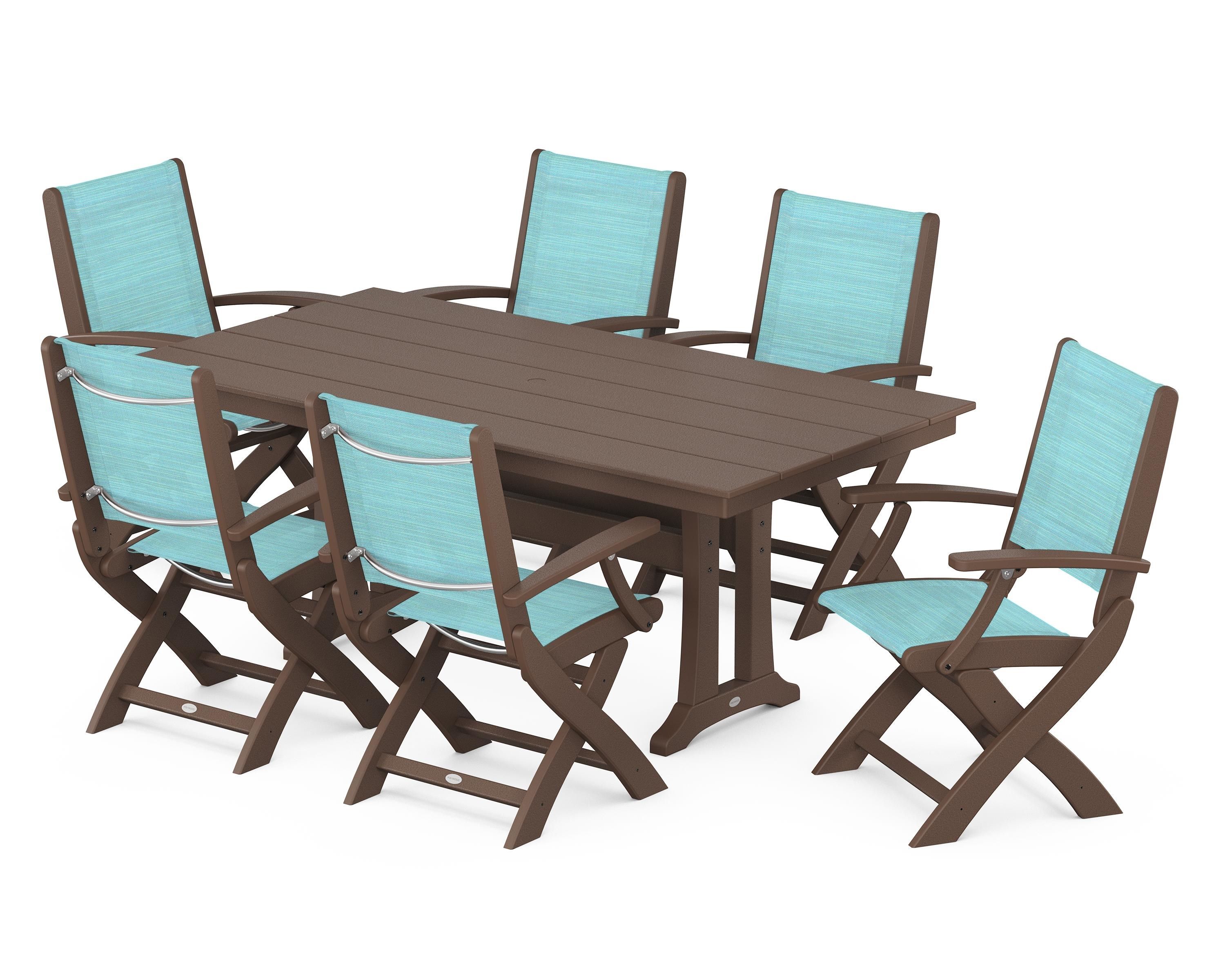 POLYWOOD Coastal Folding Arm Chair 7-Piece Farmhouse Dining Set with Trestle Legs in Mahogany / Dupioni Aquamarine Sling