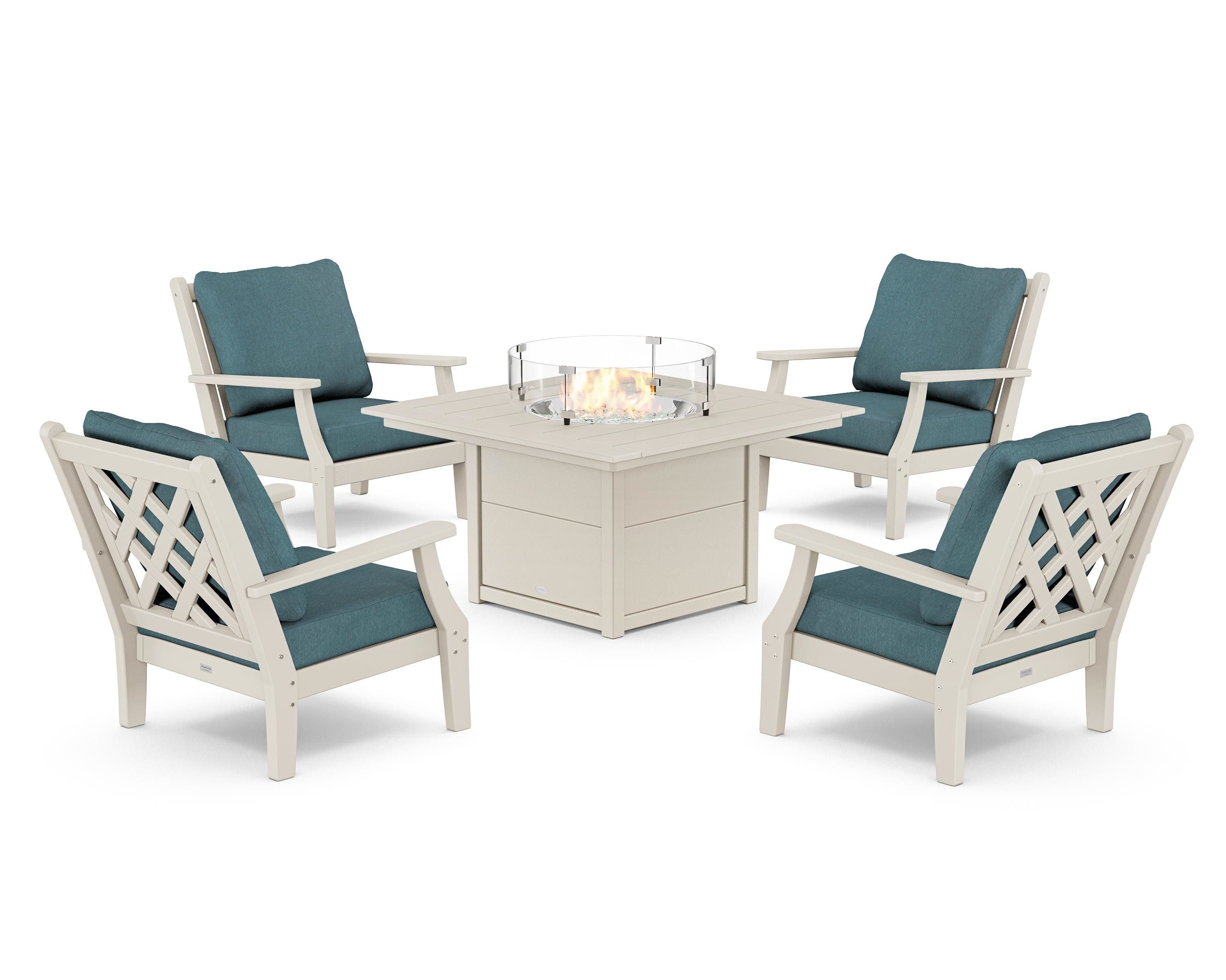 Country Living Wovendale 5-Piece Deep Seating Set with Fire Pit Table in Sand / Ocean Teal